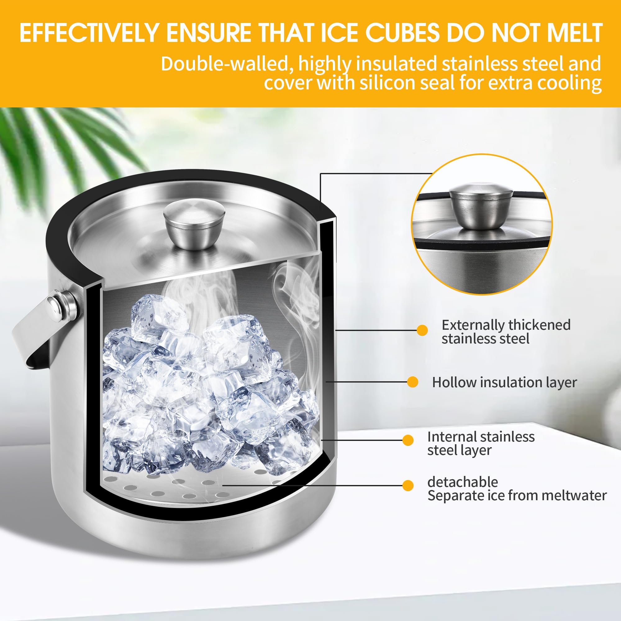 1.6 litri Secchiello Ghiaccio, Secchiello Ghiaccio In Acciaio Inox con Coperchio sigillante, Colino e pinze per Ghiaccio, Perfetto per cocktail Bar, Feste, Casa