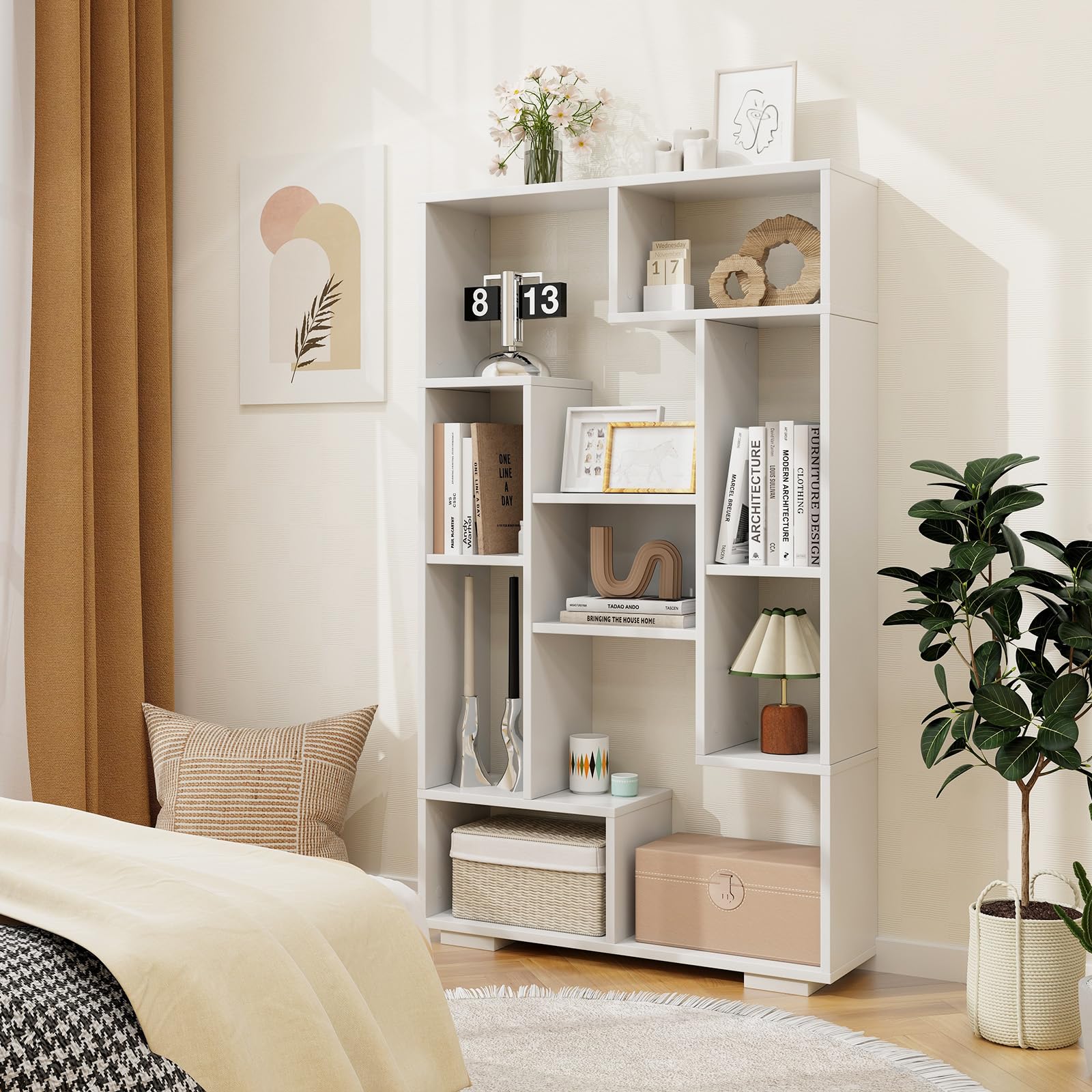 HOMASIS Bibliothèque Géométrique en Bois à 9 Compartiments,Cube avec Étagère Ouvertes,Étagère avec Protection Anti-Basculement, Meuble de Rangement pour Salon Bureau,70 x 20 x 120cm (Blanc)