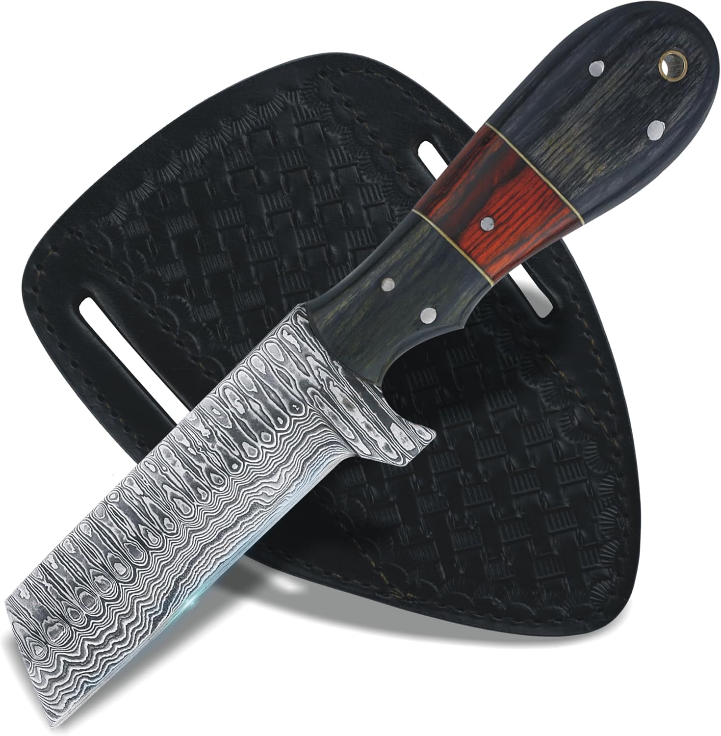 Damascus Steel Hunting Knife with Sheath for Belt, Handmade 8" Sharp Bull Cutter Knife, EDC Fixed Blade Knife, Full Tang Cowboy Knife with Wooden Handle, Skinning Knife for Outdoor Camping Black