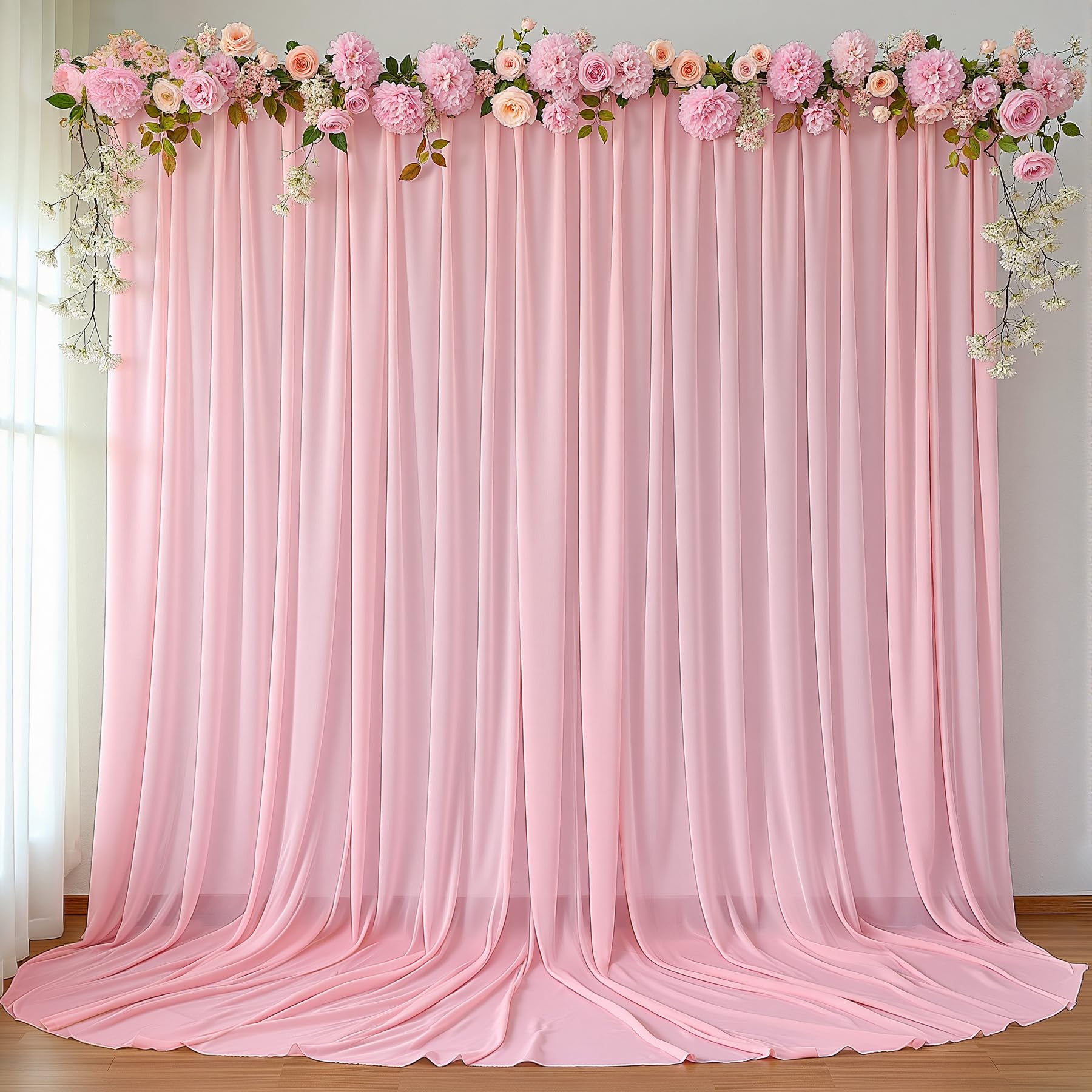 10ft x 10ft Peach Pink Backdrop Curtains, Wrinkle-Free Sheer Chiffon Fabric Photo Backdrop Drapes for Wedding Arch Party Ceremony Stage Photography