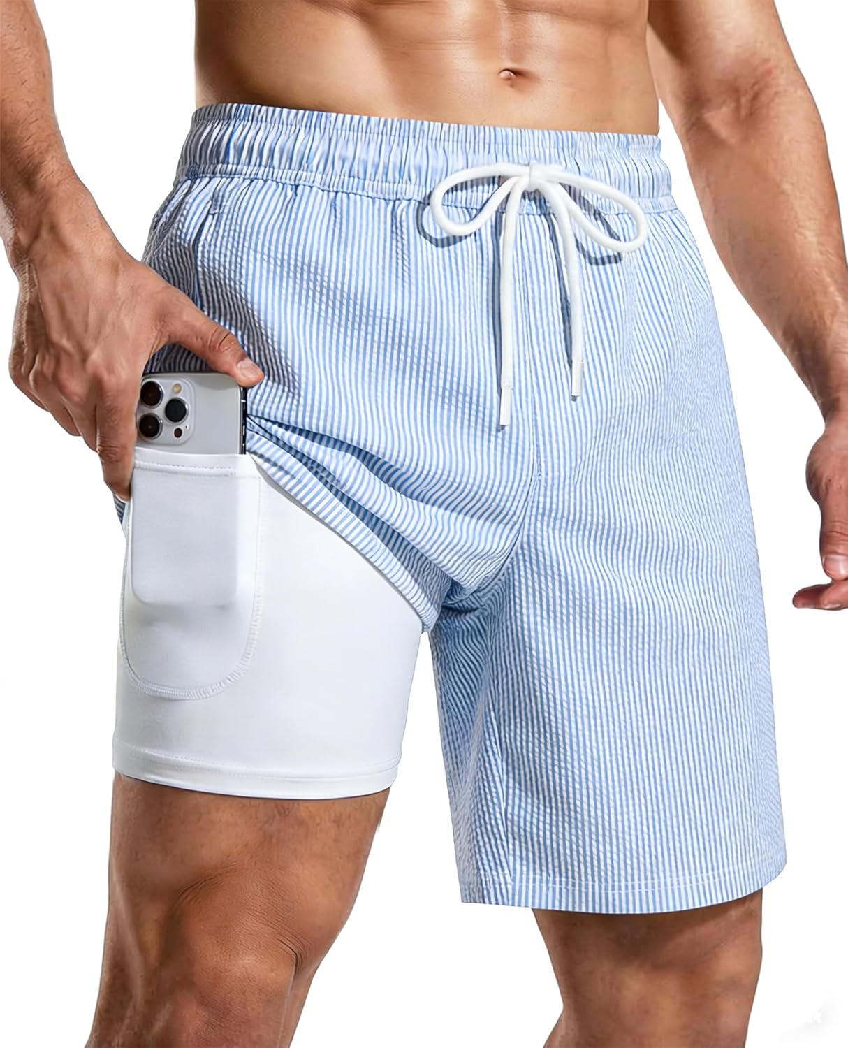 Mens Swim Trunks with Compression Liner 7 Inch Swim Shorts Quick Dry Board Shorts Bathing Suit for Beach