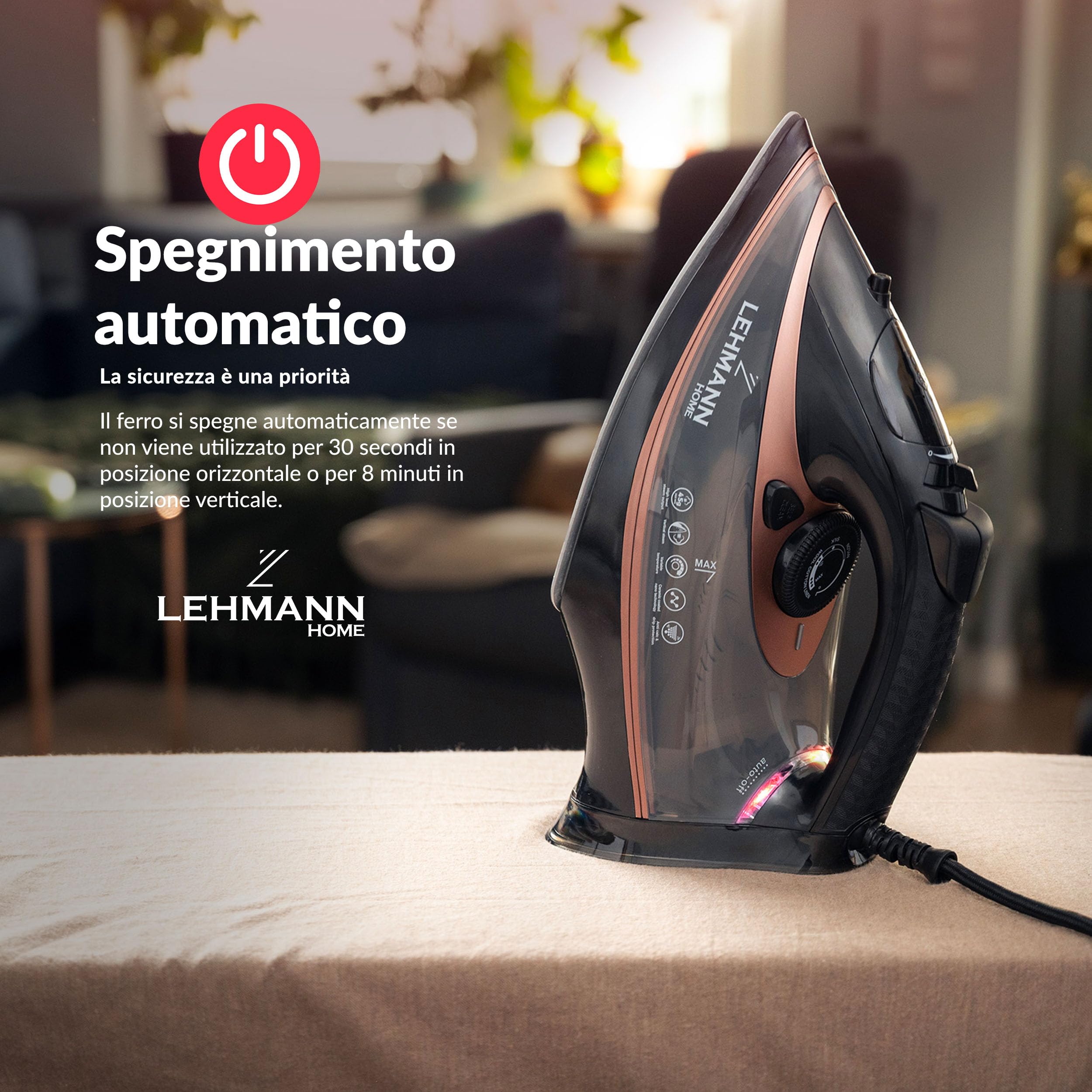 LEHMANN Ferro da Stiro a Vapore, 3000W, fino a 45 g/min Vapore Continuo & Colpo 140 g, Piastra in Ceramica, Funzione di Stiratura Verticale, Serbatoio 380 ml, Anticalcare, Leggero, Nero/Rosa Oro