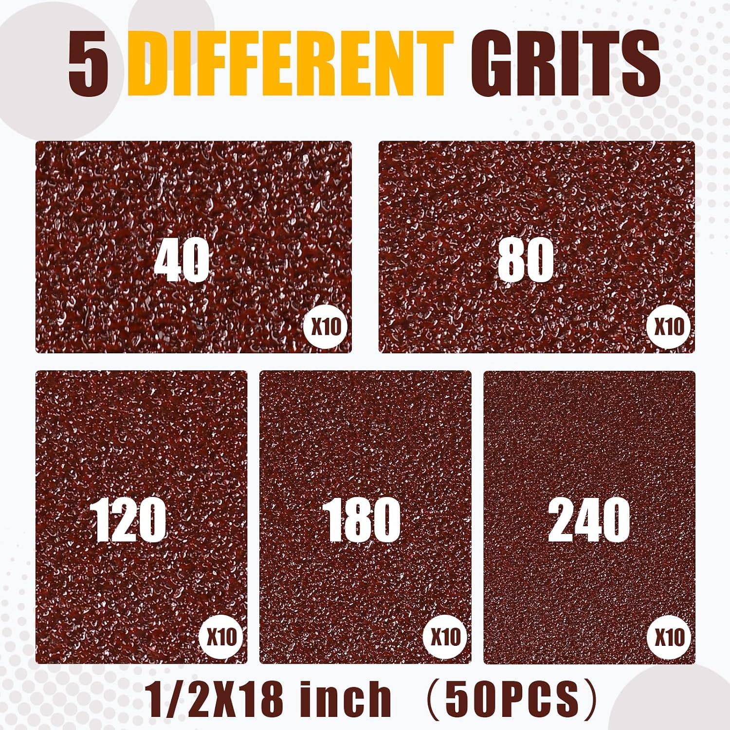 1/2 x 18 Inch Sanding Belts, 50 Pcs Assorted Grit(40/80/120/180/240)