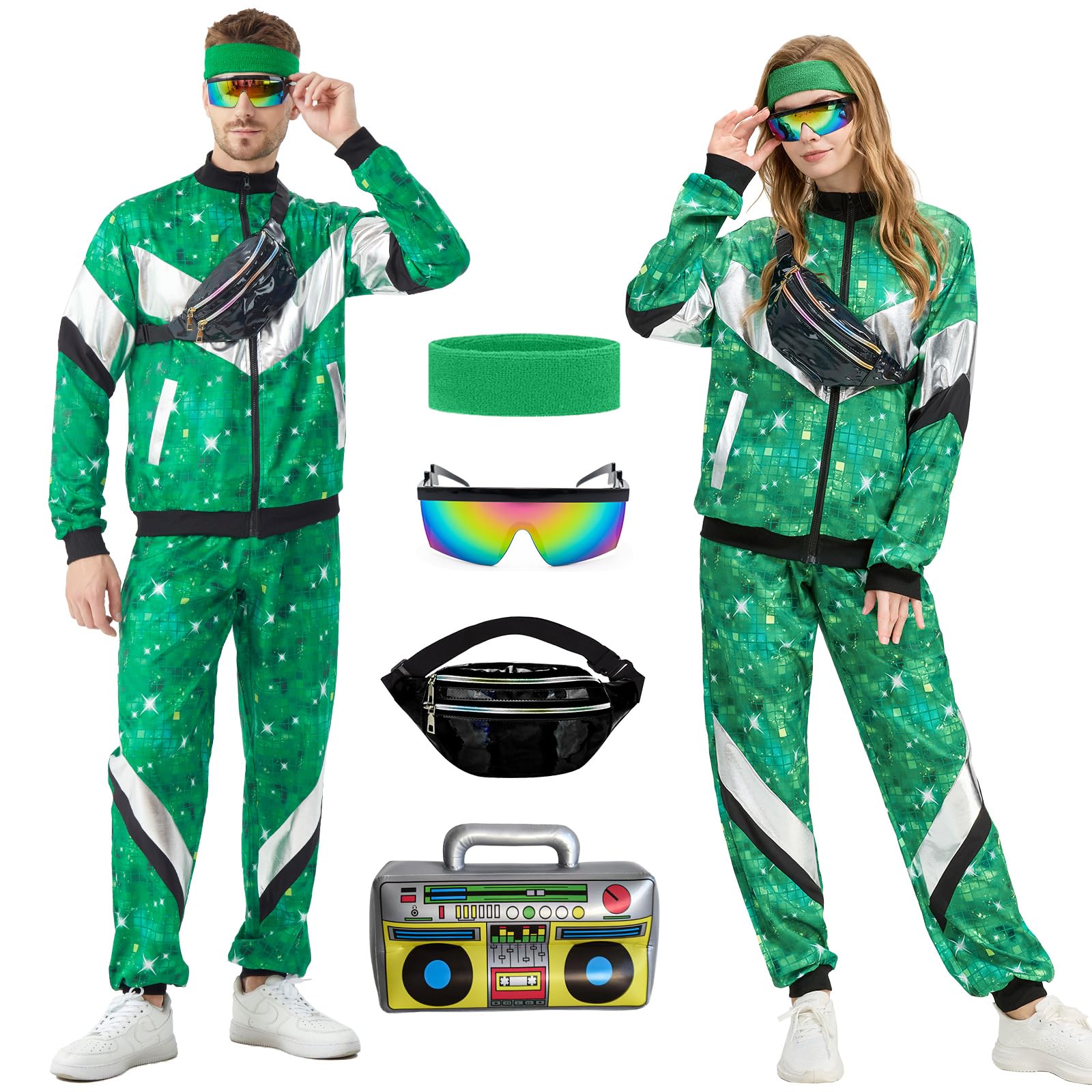 Ezuwail 80er 90er Jahre Outfit Herren Damen, Kostüm 80s Tracksuit Disco Jacke und Hose, 80s 90s Retro Anzug Jogging Anzug Unisex mit Gürteltasche Brille für Bad Taste Party, Karneval