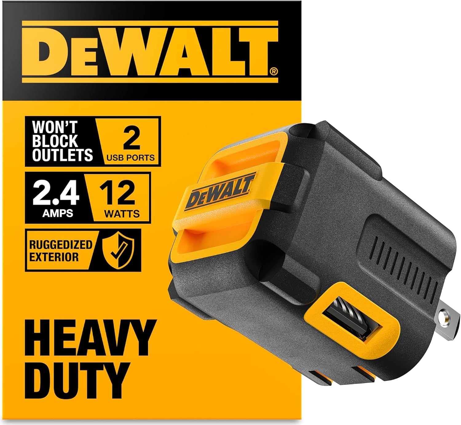 DEWALT Heavy Duty NeverBlock USB Charger, Angled Dual Port 12W Wall Charger