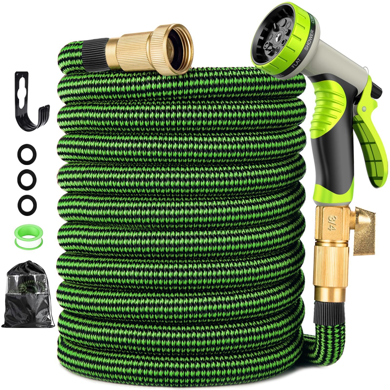 Lachesis Expandable Garden Hose, 100ft Retractable Water Hose Flexible Garden Hose with 10 Function Nozzle, 3/4" Solid Brass Fittings and 3-Layers Latex, 100ft Kink Free Lightweight Leakproof Pipe