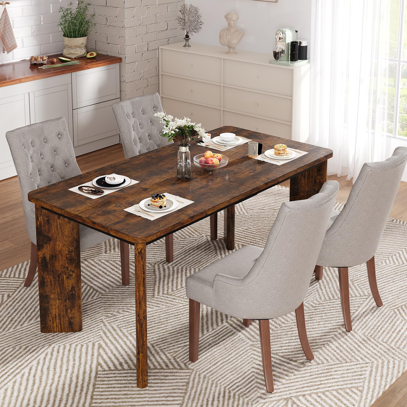 MALOL 5-Piece Rectangular Dining Table Set for 4, 63" Industrial Kitchen Table with 4 Tufted Parsons Dinner Chairs for Dining Room, Kitchen, Living Room, Brown+Light Grey