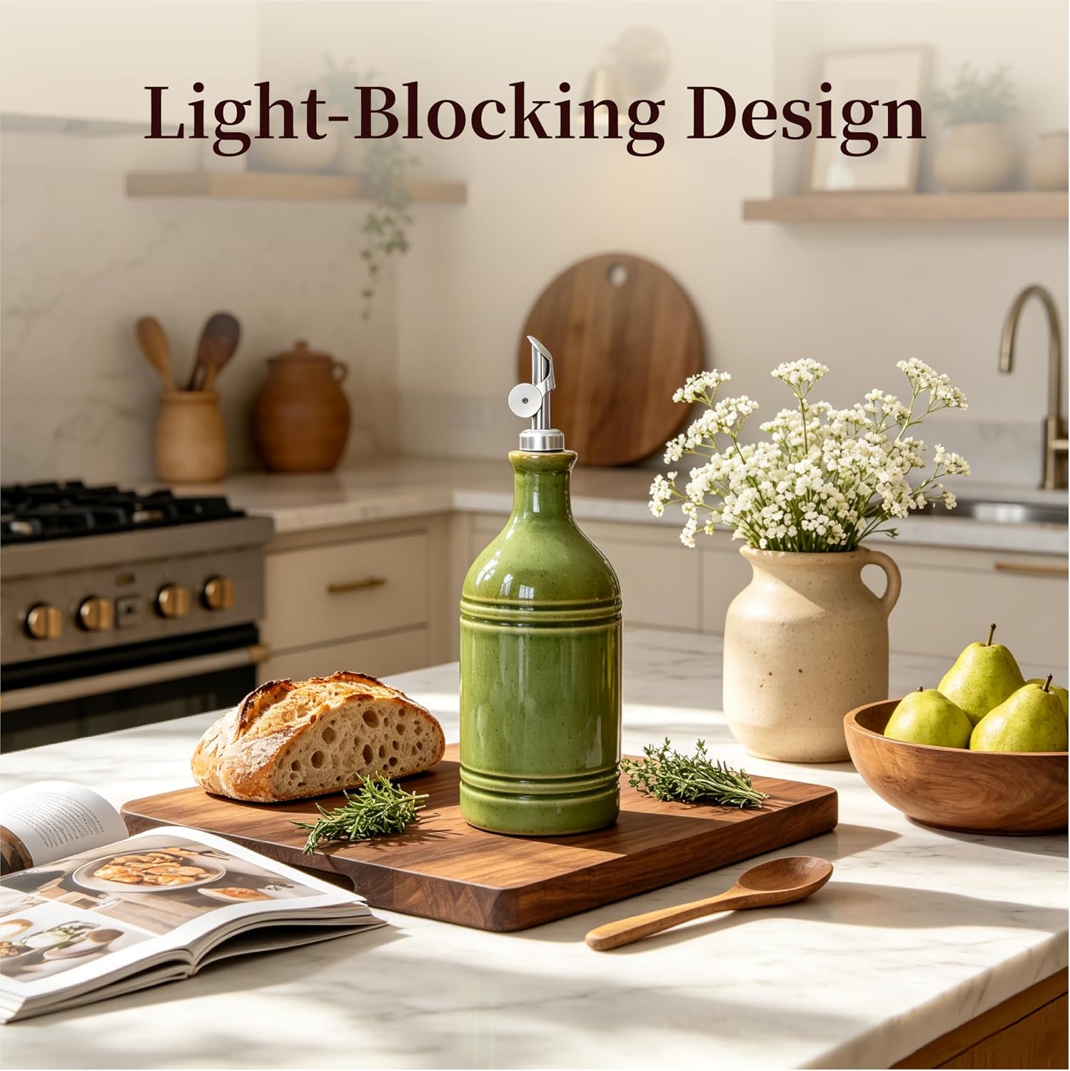 24 oz Ceramic Olive Oil Dispenser Bottle with Stainless Steel Gravity Spout Farmhouse Kitchen Oil Cruet (Green, 1 Pack)