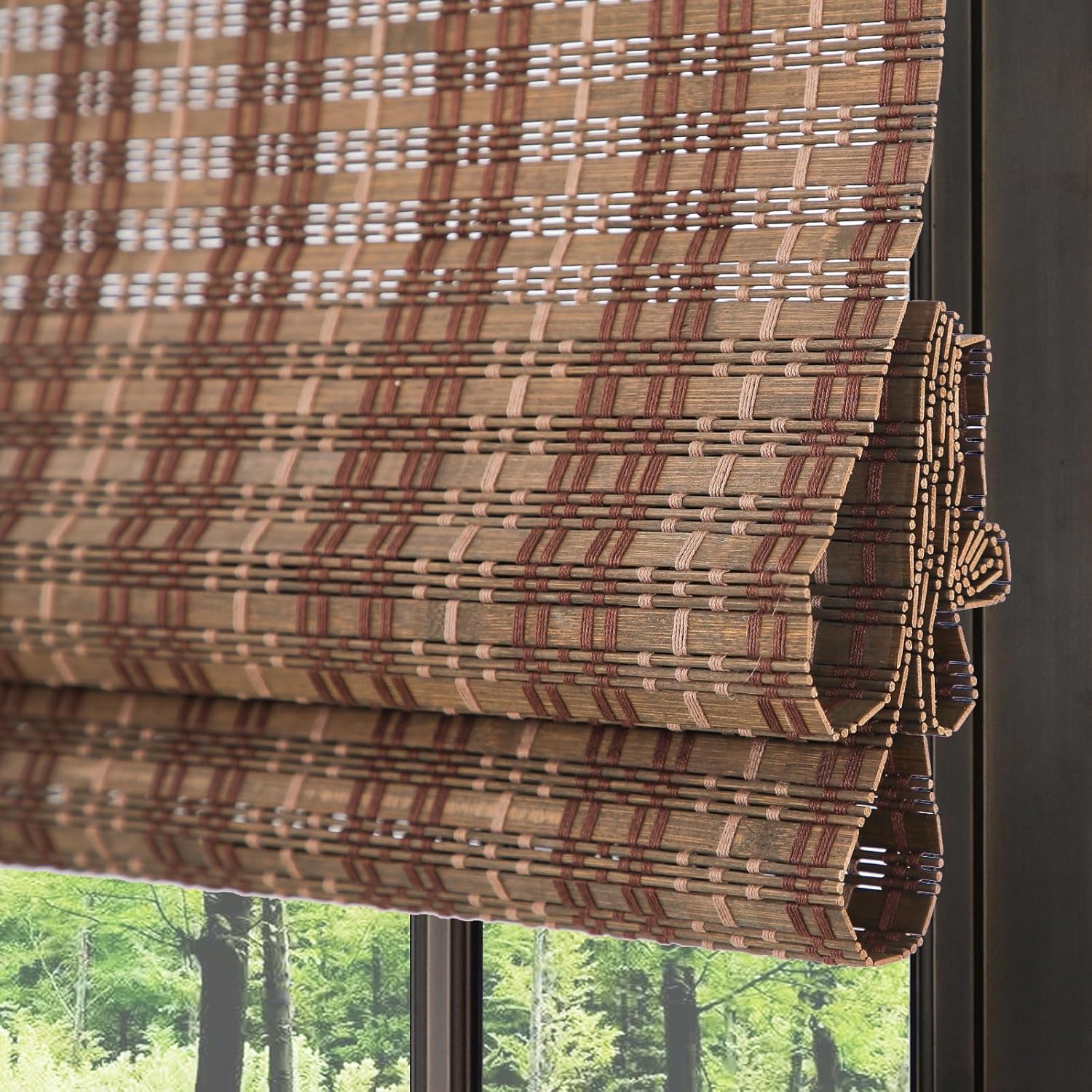 Cordless Natural Woven Wood Shades, Custom Bamboo Roman Shades for Windows, Light Filtering Lined Room Darkening Window Blinds for Doors, Windows, Tan