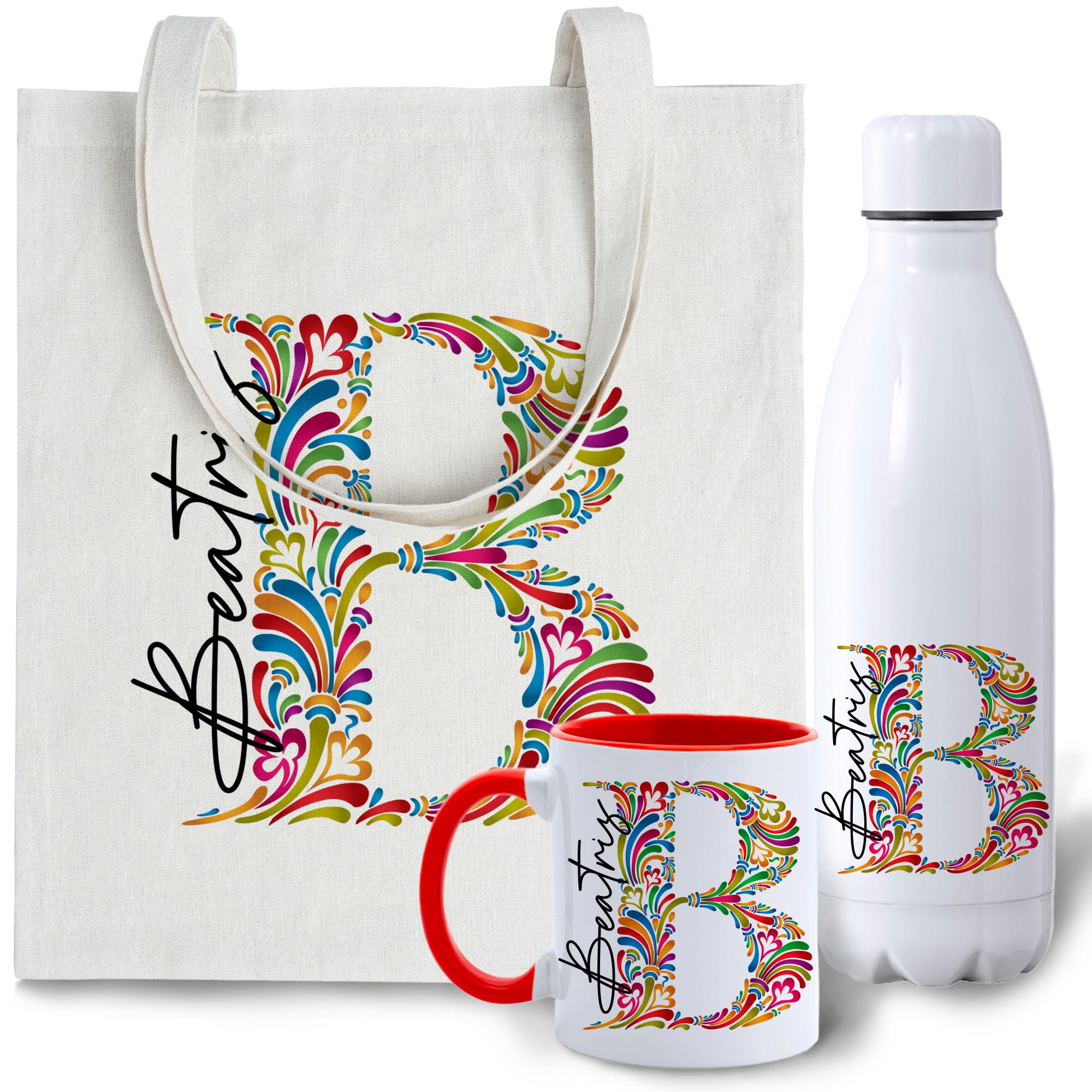 Set Regalo Personalizado Mujer – Tote Bag con Inicial y Nombre + Botella a Juego | Opción de Añadir Taza Personalizada con Mensaje y Color – Hecho a Mano en España