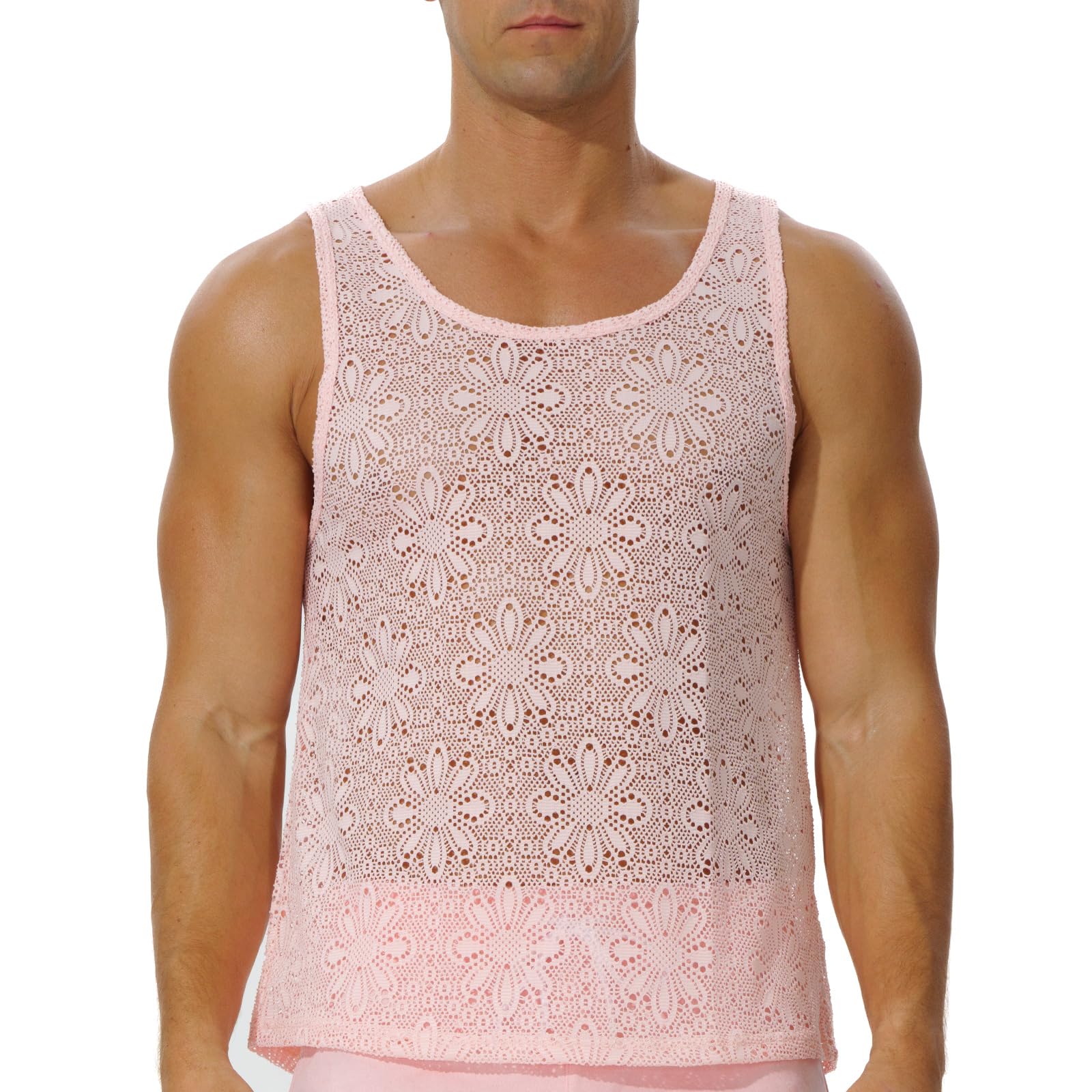 FIROTTII Mens See Through Sleeveless Shirt Mesh Tank Top for Men Crew Neck Fishnet Fitted Muscle Shirt Clubwear