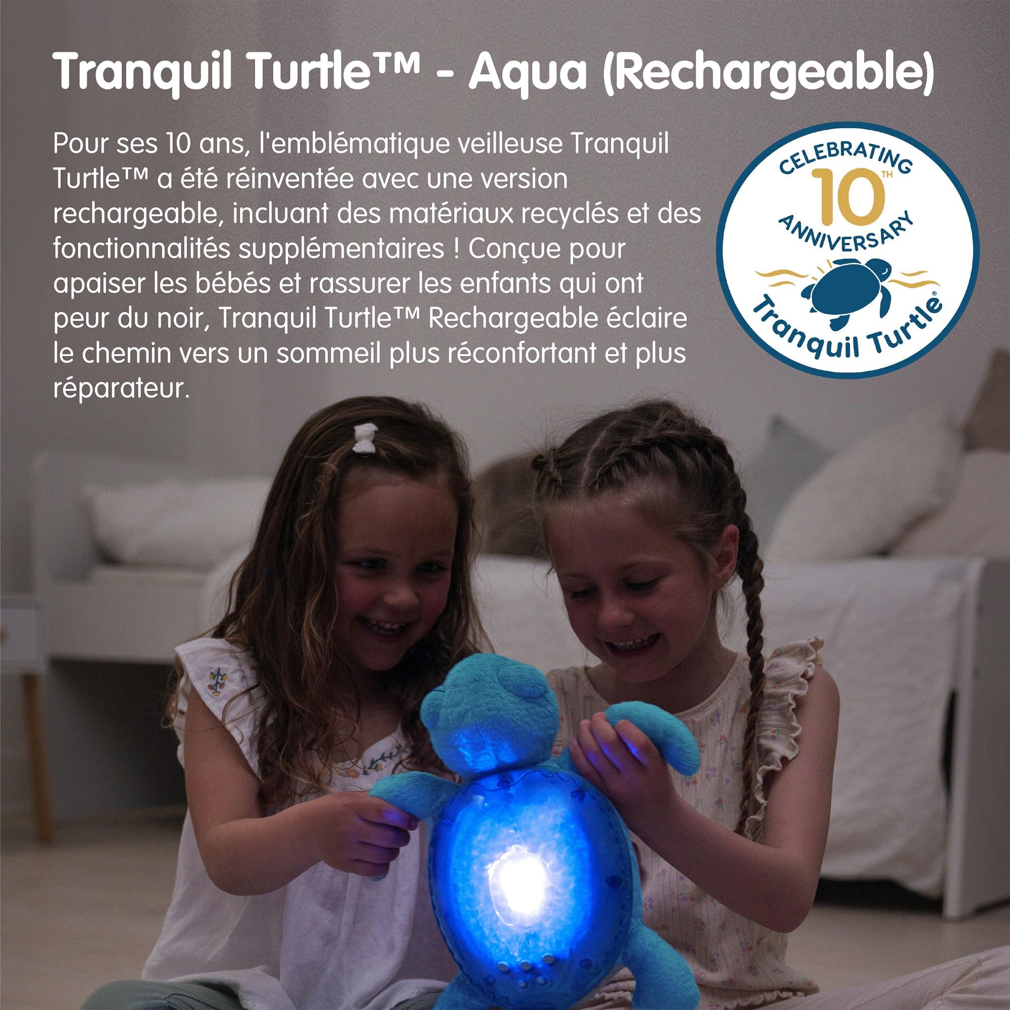 Cloud b Veilleuse musicale et lumineuse tortue | Veilleuse bébé projecteur d’océan avec sons apaisants | Rechargeable et écologique | Tranquil Turtle Aqua