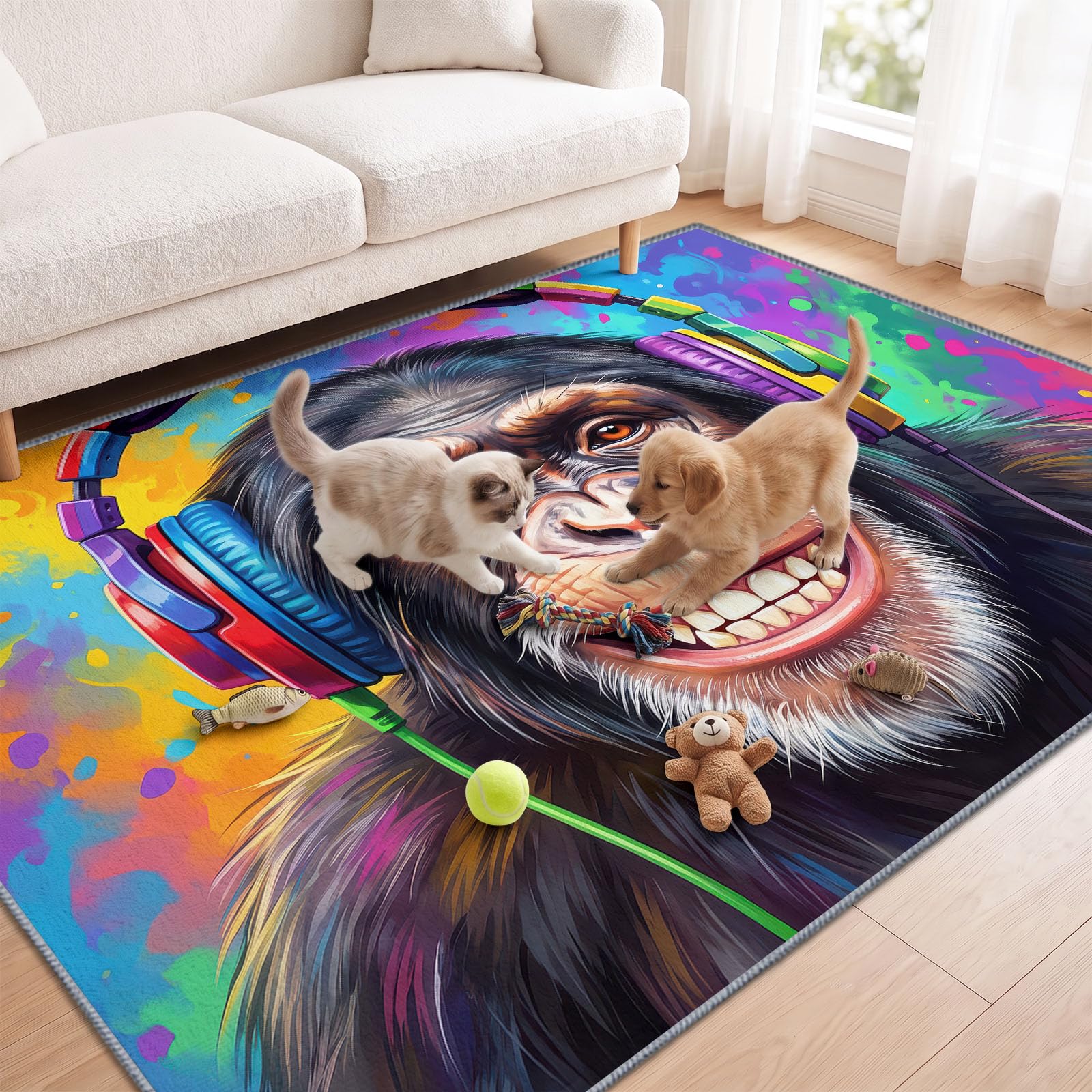 Generisch Teppich Pop Abstrakt Im Trend Wohnzimmer Kurzflor Moderne Deko, Buntes Graffiti Kopfhörer Schimpanse Teppich Grösse: 240 x 300 cm Farbe:Bunt für Wohnzimmer Schlafzimmer Esszimmer Büro