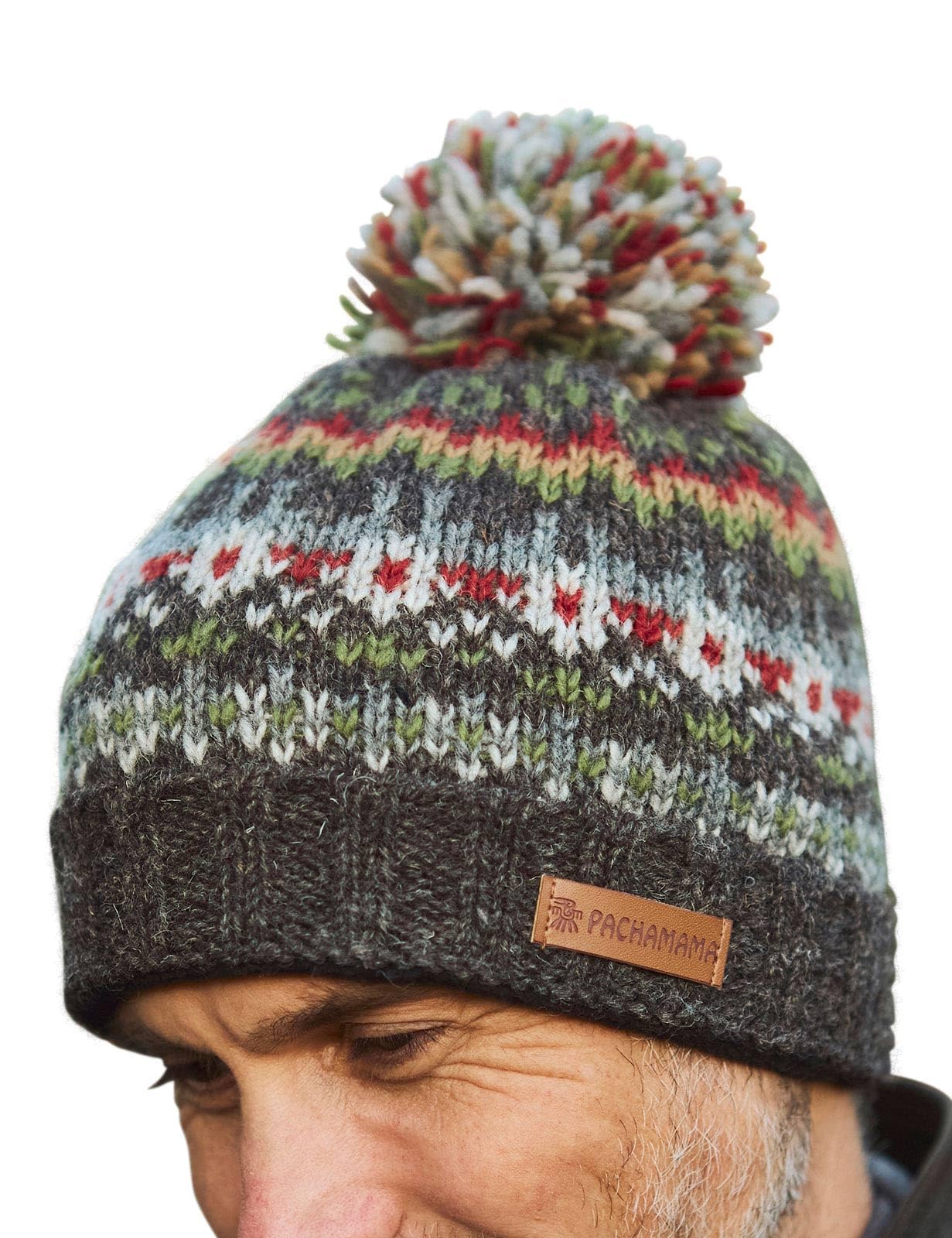 Pachamama Men's Grey Wool Beanie Bobble Hat Fleece Lined Handknitted Earth Brown Fairisle One-Size Handmade Extra Warm Fair Trade