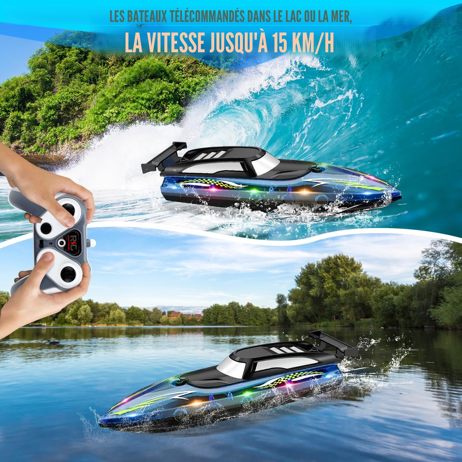 Bateau télécommandé, Bateau électrique Grande Vitesse étanche 2,4 GHz avec 2 Piles Rechargeables et lumière LED, Ship Course électrique sans pour Enfants Adultes Piscine lac rivière (Blue)