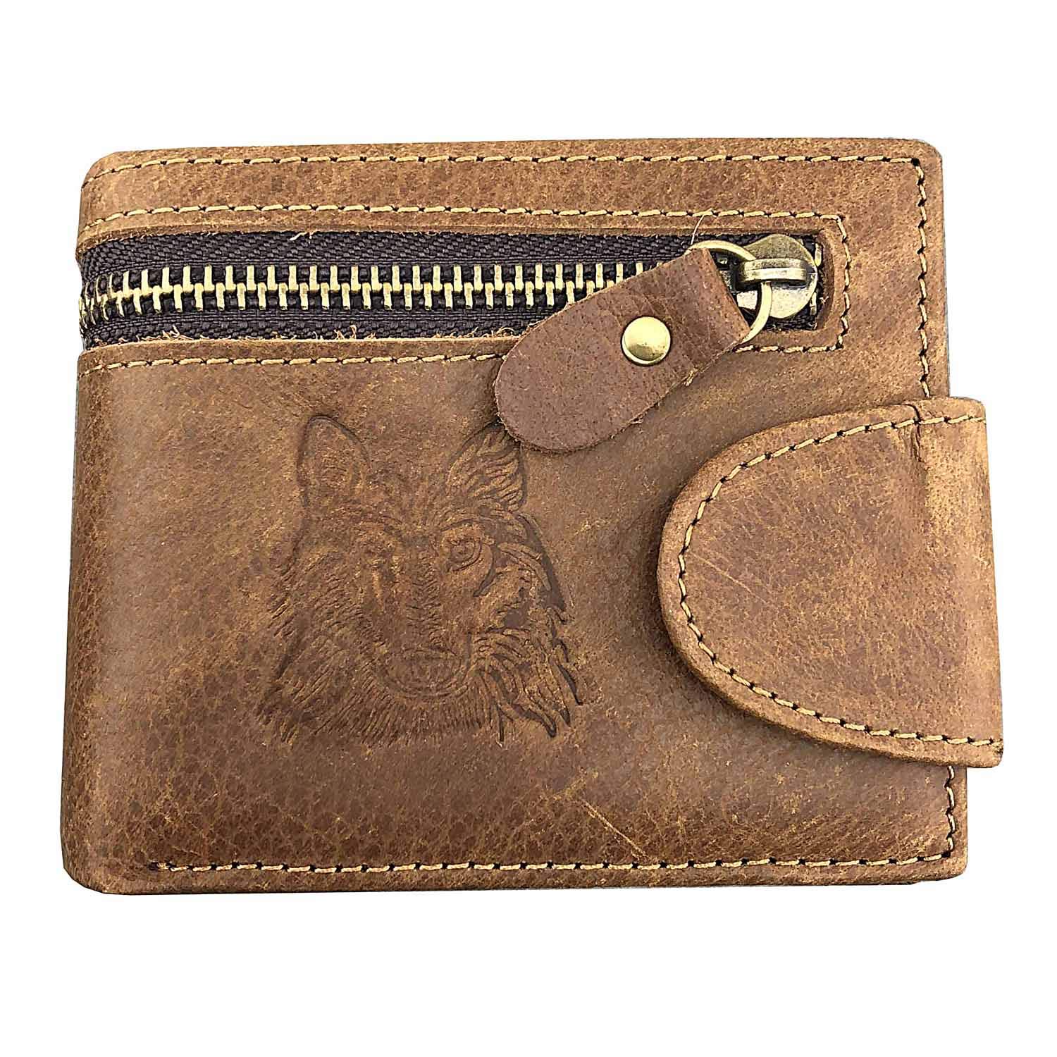 Zipper Wolf Head Hasp Genuine Leather Wallet Card Holder Wallet (Brown)