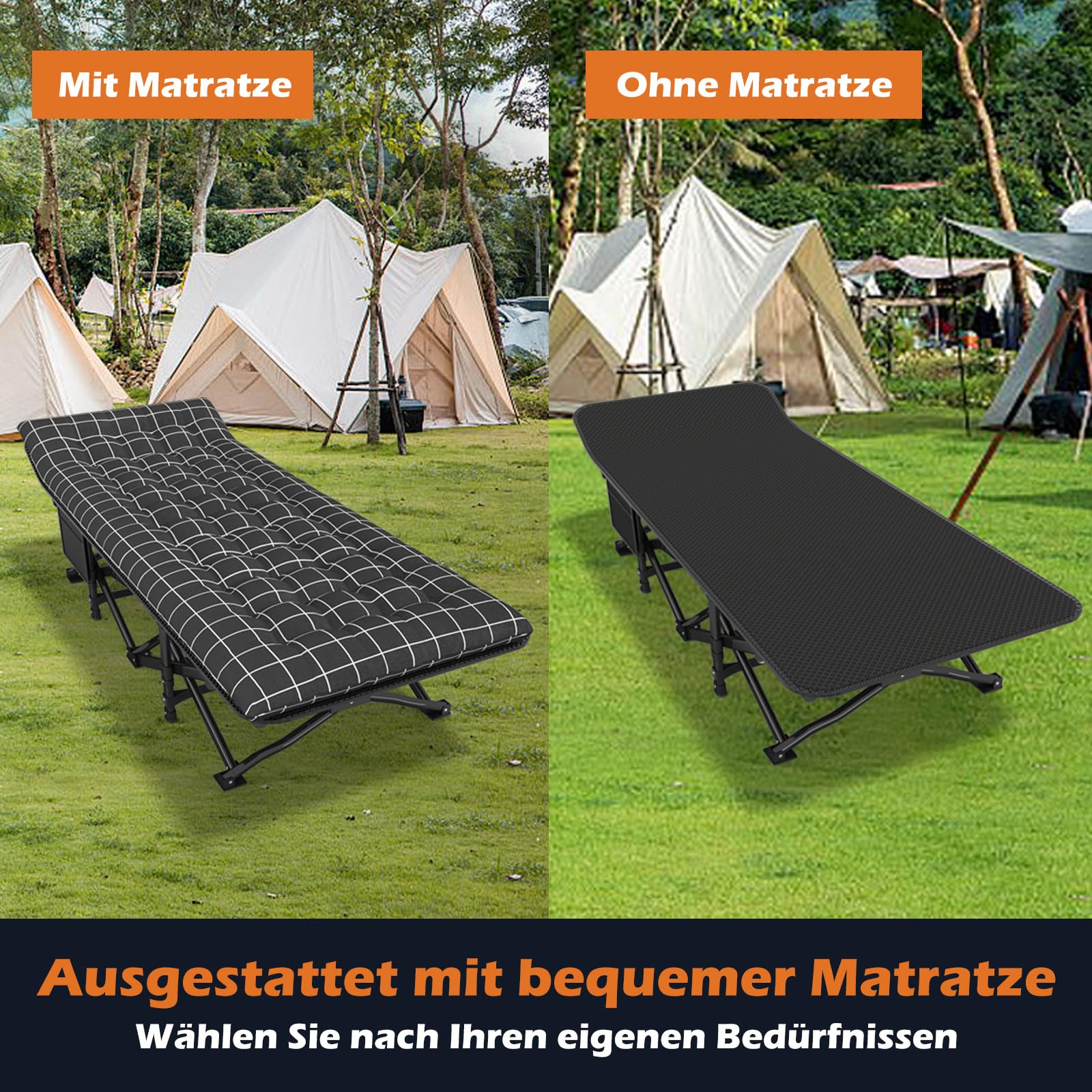 ATORPOK SHOP Campingbett feldbett klappbar, Faltbar Gästebett bis 200 kg für,Klappbett mit Seitentasche, tragbares Campingliege，Outdoor, Garten, Camping, Reisen, Indoor