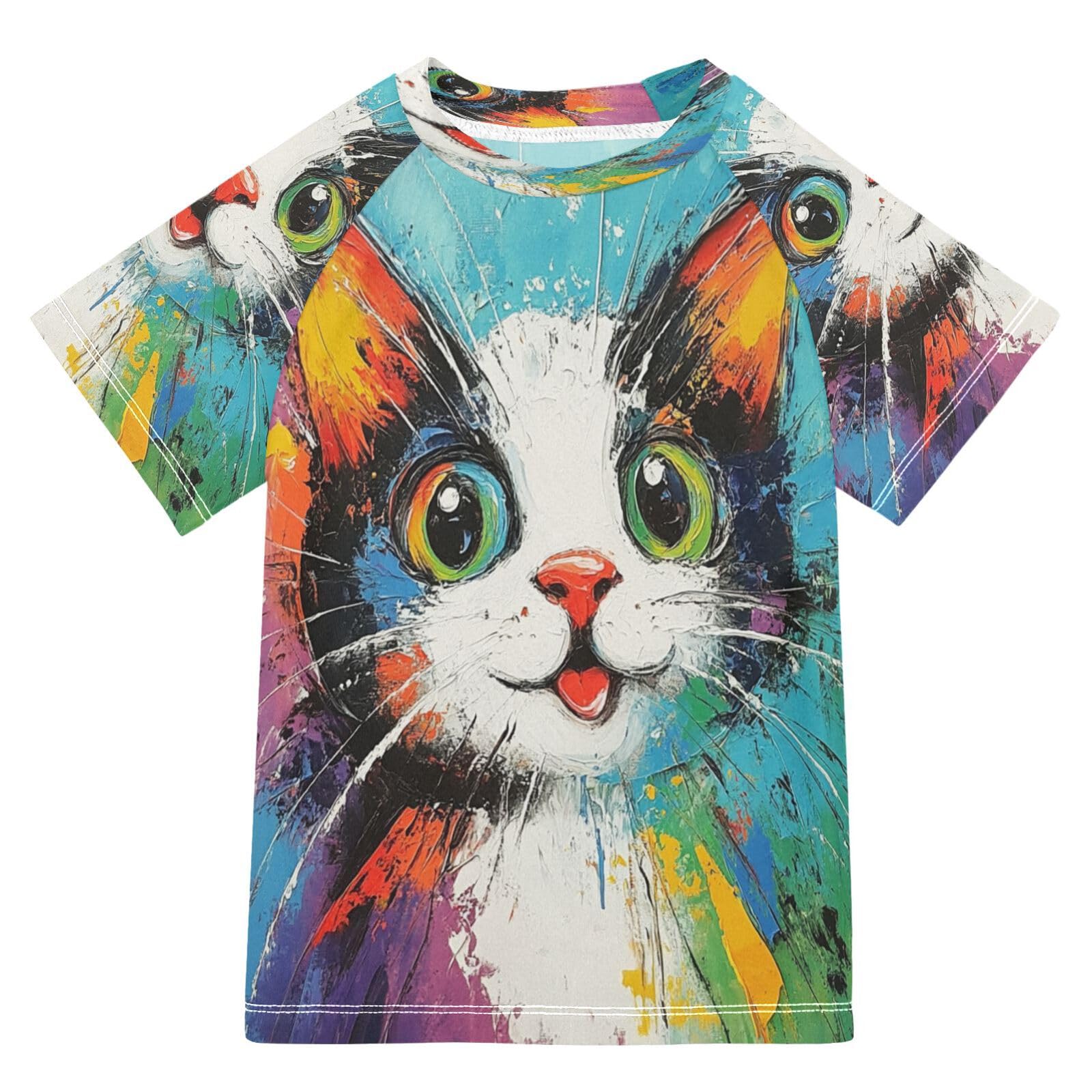 Toddler Boy Rash Guard Short Sleeve Swim Shirt Cat Print Rashguard 9-10T Beach Shirts Quick Dry,18