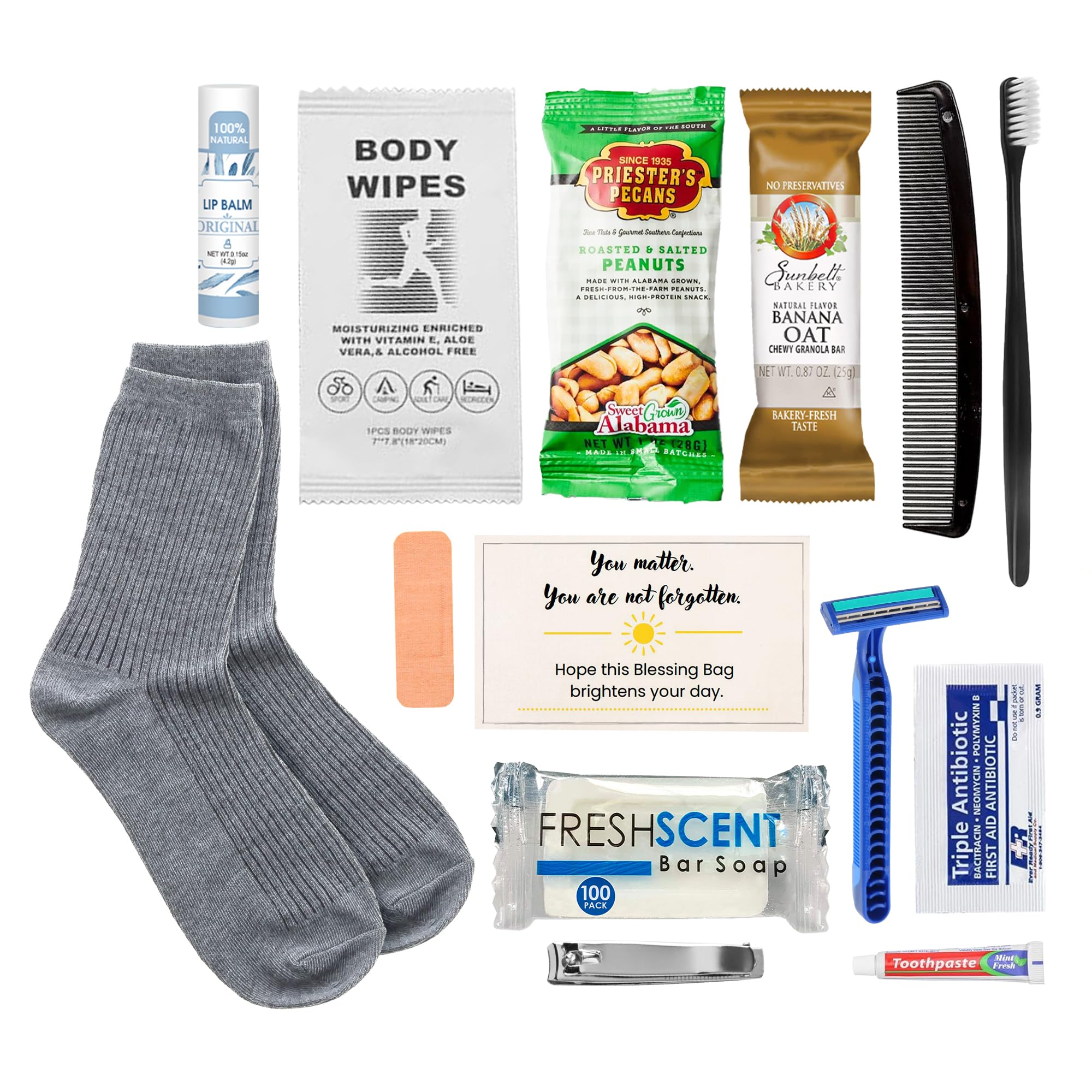 Homeless Care Package Hygiene Kits with Food, Socks and Personal Care Items