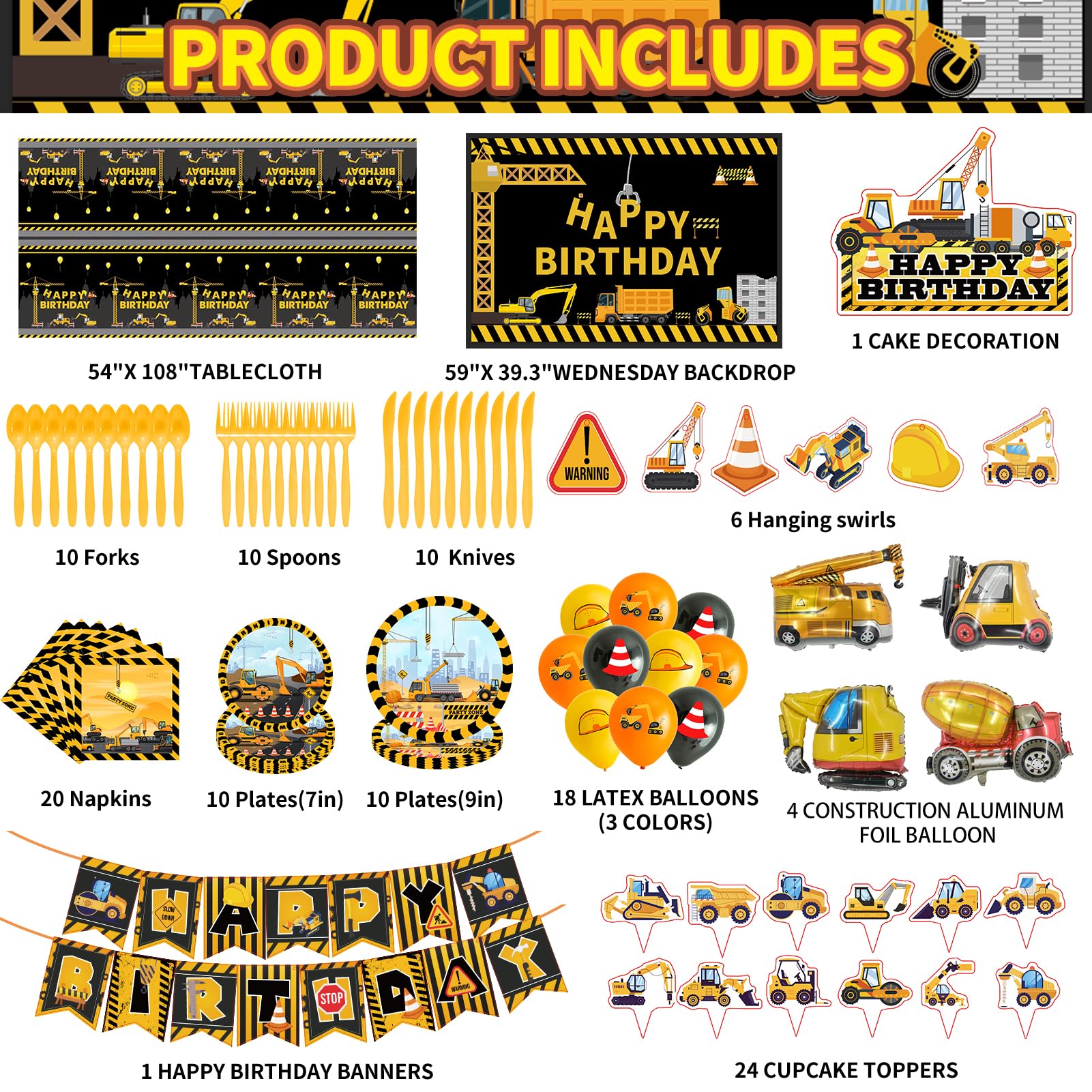 Construction Birthday Party Supplies, Dump Truck Party Decorations Include Happy Birthday Banner, Backdrop, Tableware Set, Tablecloth, Cake Toppers, Cupcake Toppers, Latex Balloons, Foil balloons