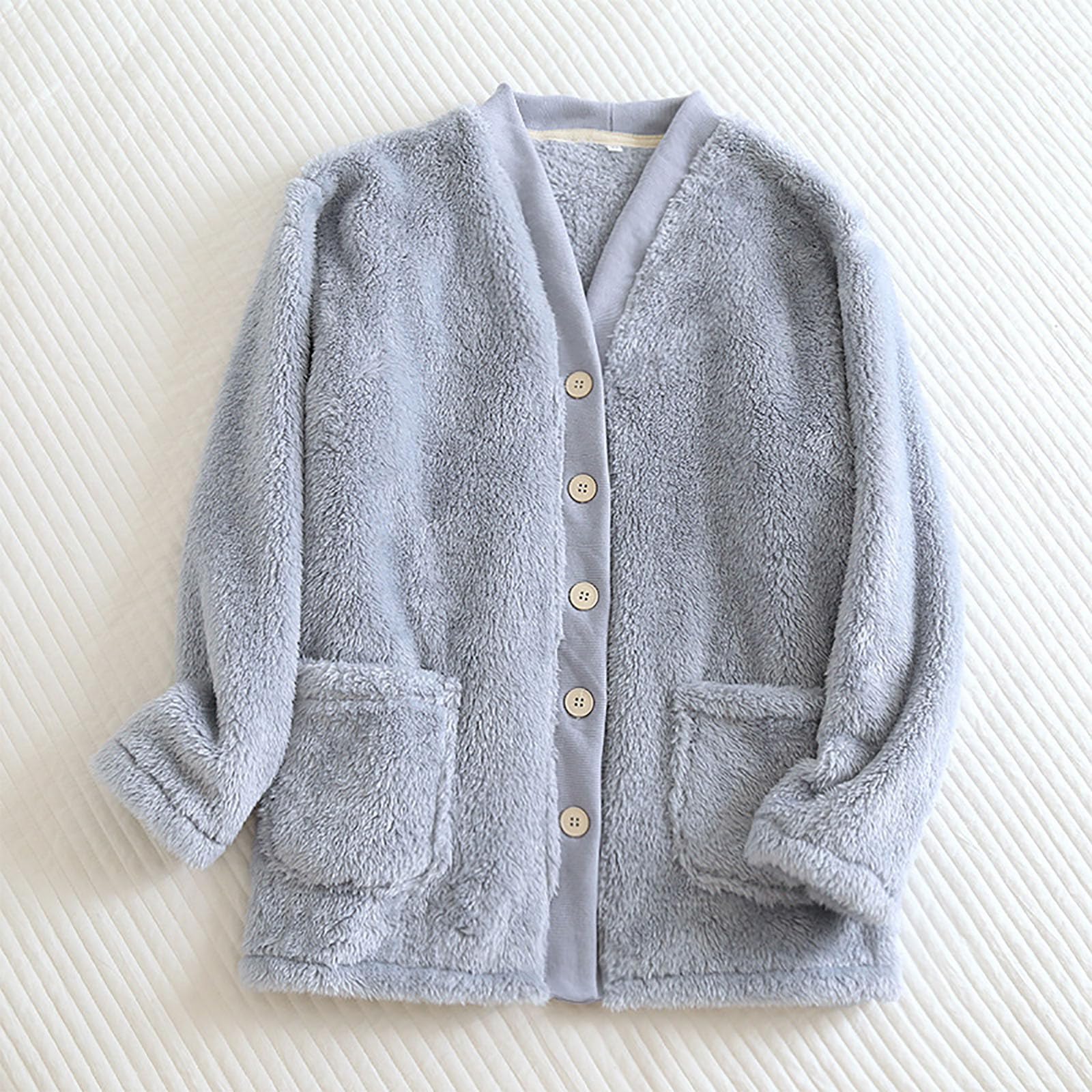 Veste Polaire Femme Manteau D'Intérieur En Peluche Épaissir Manteau Femme Hiver Chaud Boutons Hauts De Pyjama Col En V Unie Blouson Décontractée Doux Ample Top Cachemire Thermique