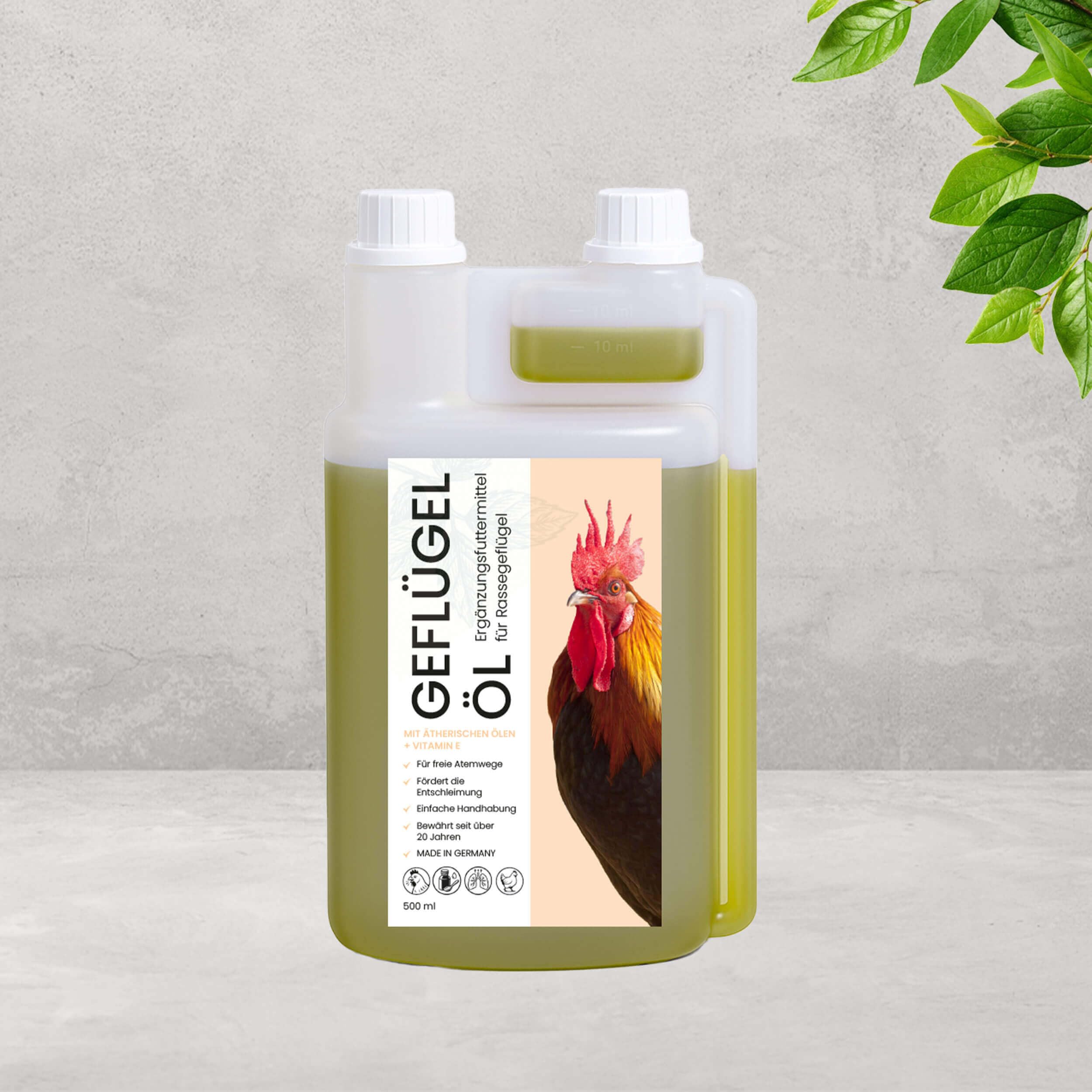 GEFLÜGEL ÖL – Ergänzungsfuttermittel für Rassegeflügel – Kombination aus ätherischen Ölen – Positive Wirkung auf die oberen und unteren Atemwege (500 ml)