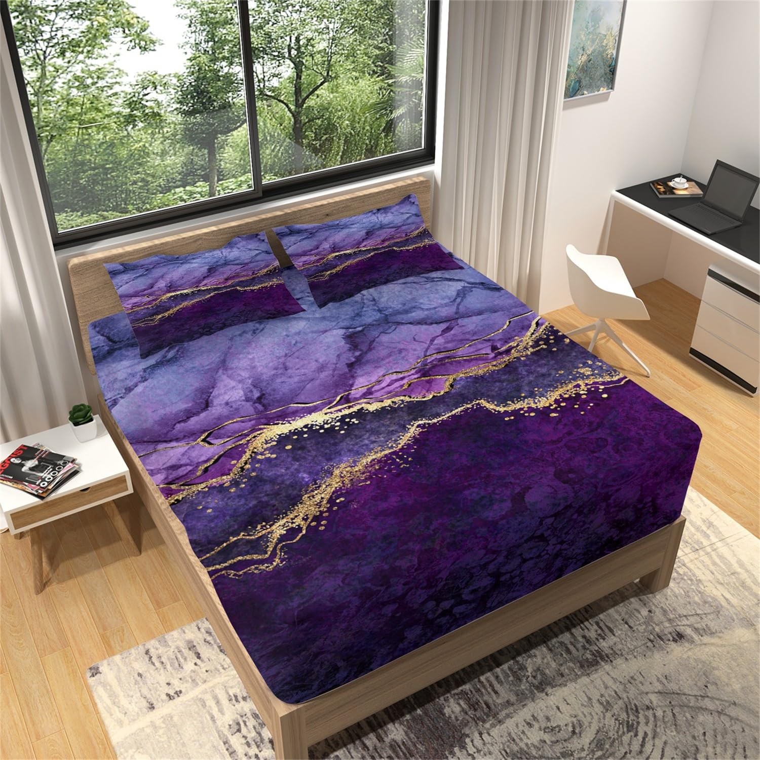 Bedding Drap Housse 160x200 cm Marbre Violet Draps-Housses Microfibre brossée Doux et Respirant Lavable en Machine pour des Matelas jusqu'à 30 cm de Hauteur