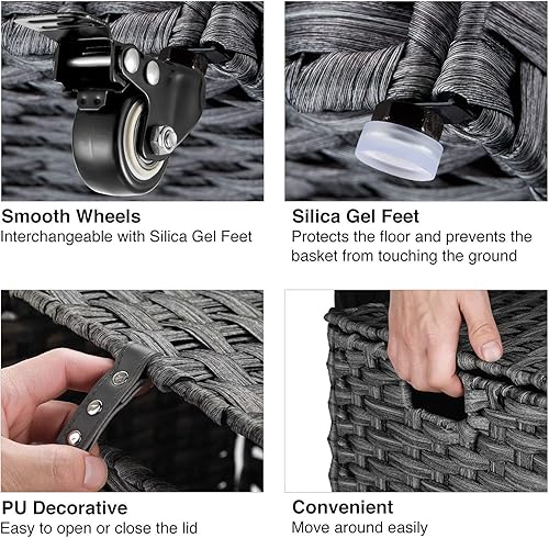 Miniatura 7 de Greenstell Cesta de lavandería con ruedas, no necesita instalación, cestas tejidas a mano divididas de 90 litros y 2 bolsas extraíbles con forro,