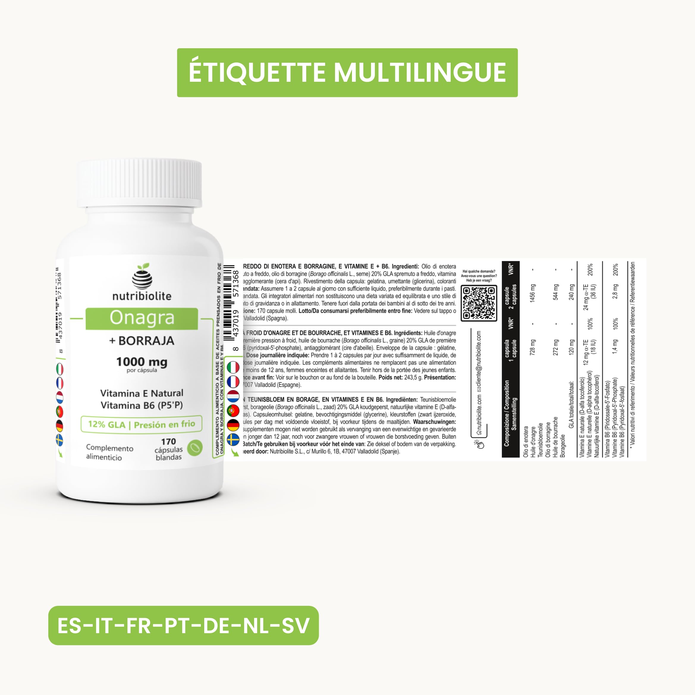 Huile d'Onagre et Bourrache - Pressées à Froid 1000 mg 12% de GLA - Vitamine B6 P5'P + Vitamine E Naturelle - Équilibre Hormonal, SPM, Ménopause et Santé de la Peau – 170 Perles | Nutribiolite