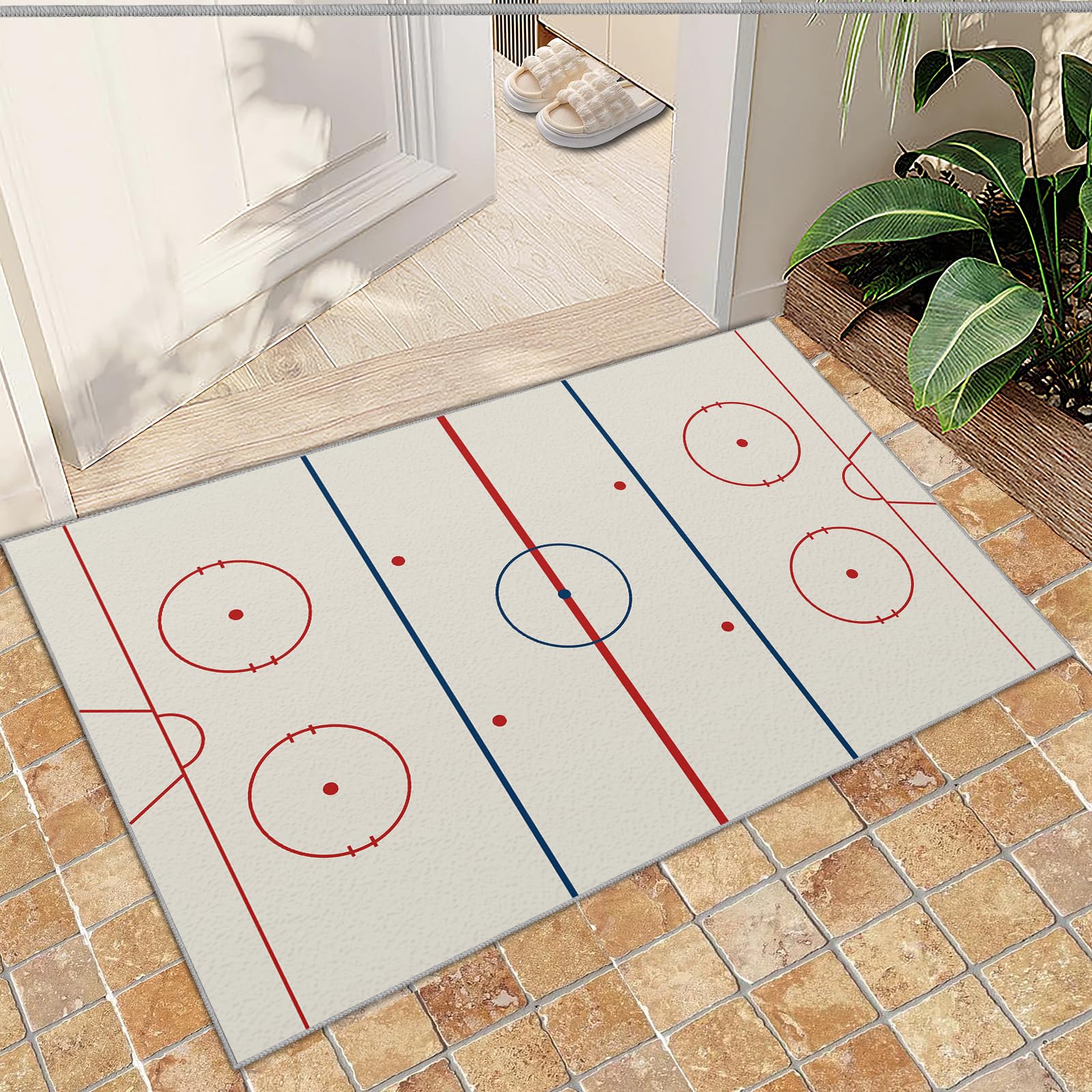 QDJKBL Entrance Rug 50 X 80 Cm Medieval Blue and Red Circle Geometry, Simple Symmetrical Lines Stadium Abstract Doormats, Floor Mats Shaggy for Front Back Door