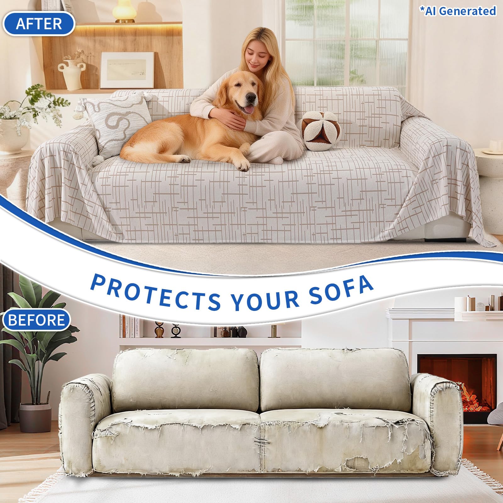 YSTELLAA Funda Sofa 3 Plazas, 200x340 CM, Cubre Sofas Multipurpose con Reposabrazos, Sofa Cover For All Seasons, Funda Sofá Stain-Resistant, Beige