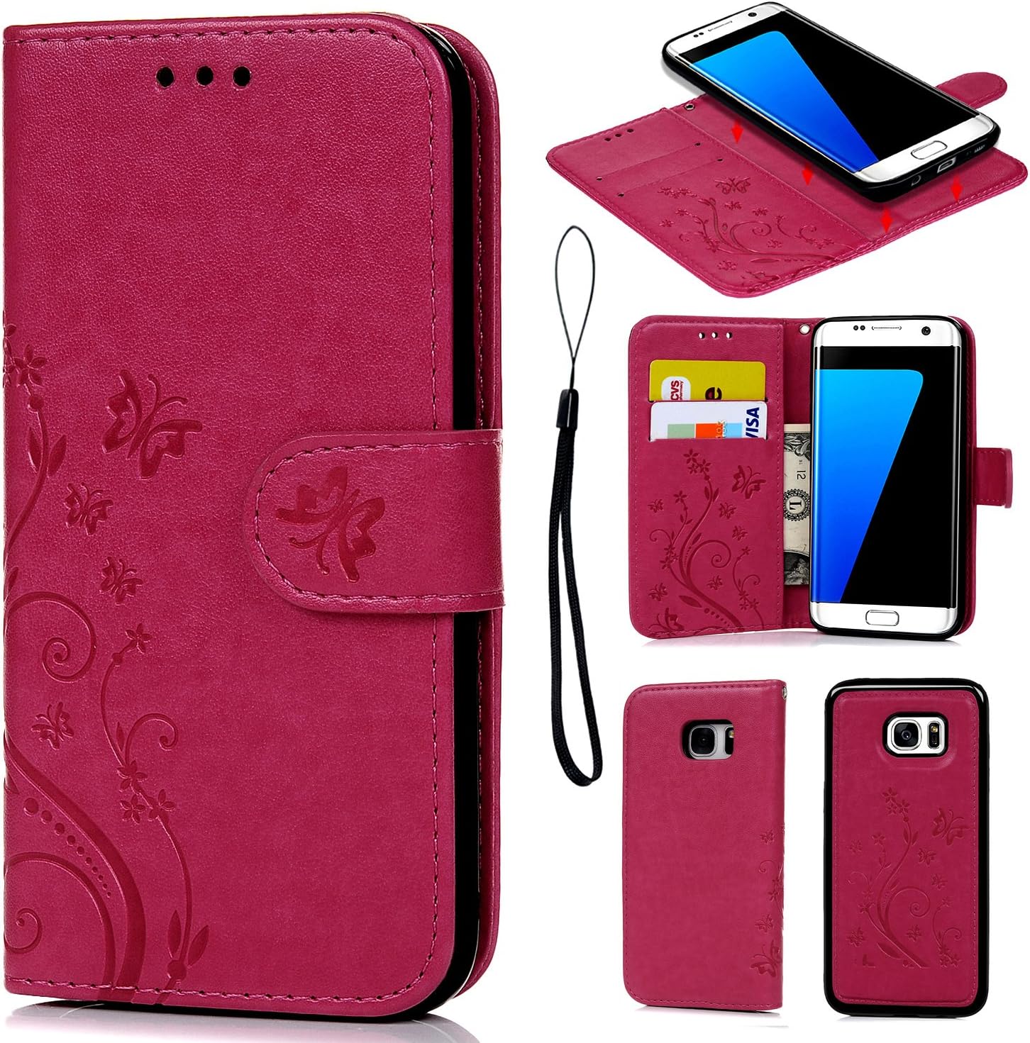 Compatible with iPhone X Case, iPhone Xs Wallet Case Premium PU Leather Oil Wax Embossed Elephant Detachable Magnetic Cover Credit Card Cash Slots Cover for iPhone X/XS (Butterfly-Hot Pink)
