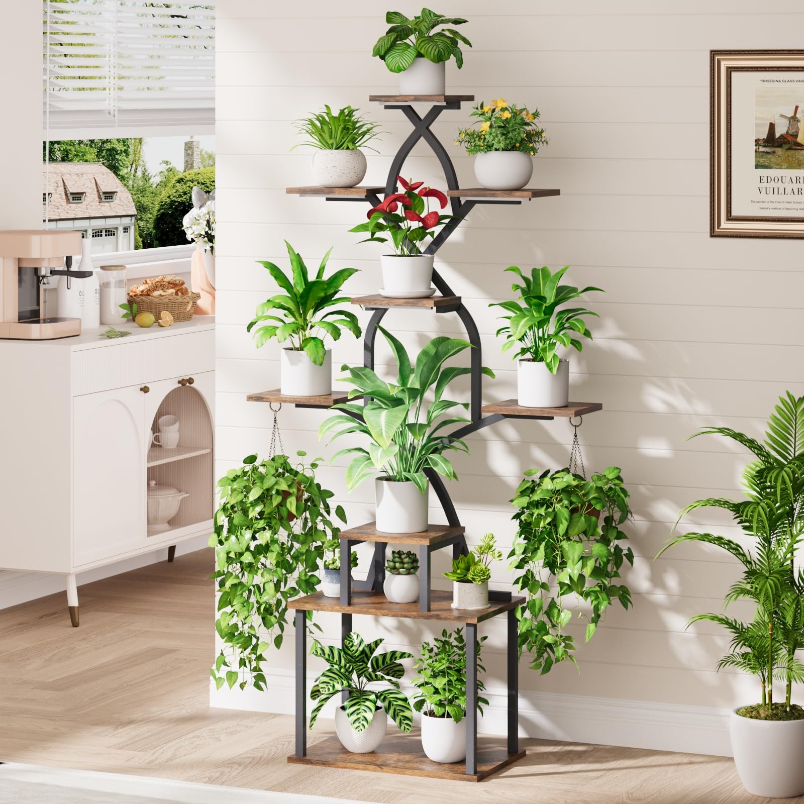 BACEKOLL Étagère à fleurs avec lumière de croissance - Support de fleurs à 9 niveaux - 162 cm - En métal et bois - Pour l'intérieur et l'extérieur - Noir - Pour l'intérieur, le jardin, le balcon