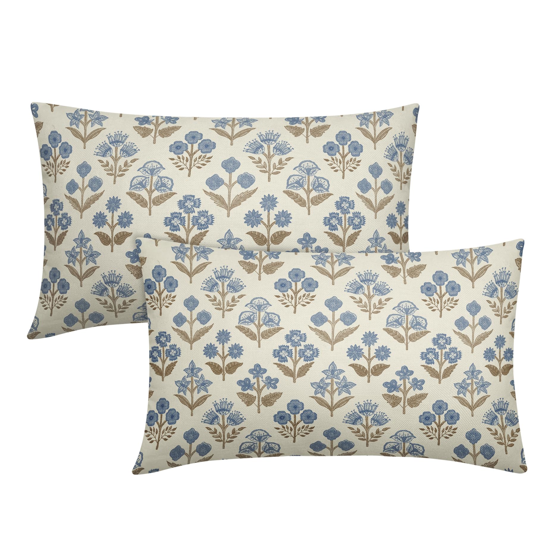 Brown Blue Floral Pillow Covers 12x20 Inch Set of 2, Block Print Lumbar Flower Cream Decorative Throw Pillowcases Outdoor Farmhouse Rectangle Cushion