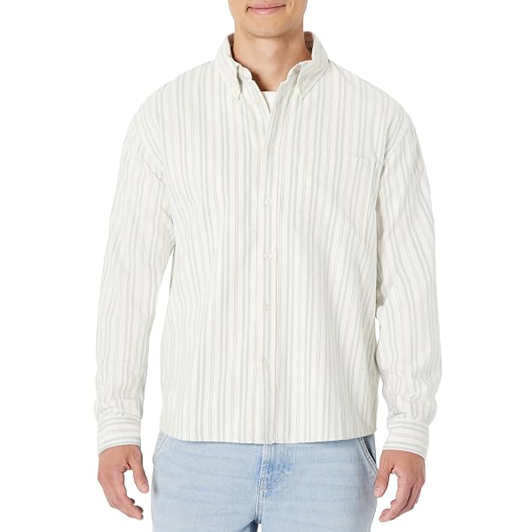 Amazon Essentials Camicia Button Down in Cotone, Vestibilità Oversize Moderna Uomo, Avorio Verde Salvia Chiaro Righe, XL