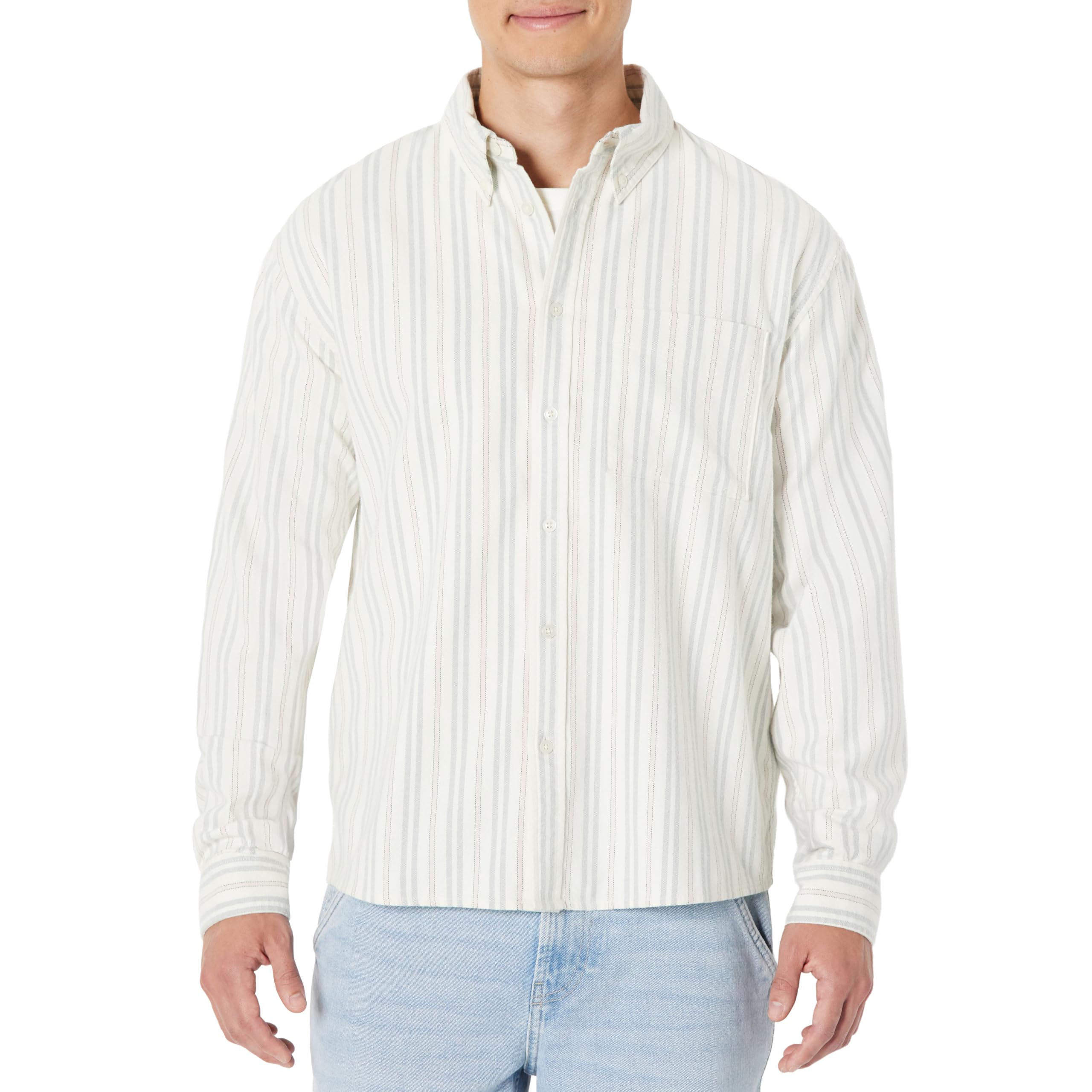 Amazon Essentials Herren Modernes Oversize-Button-Down-Hemd Aus Baumwolle, Elfenbein Salbeigrün Hell Streifen, XXL