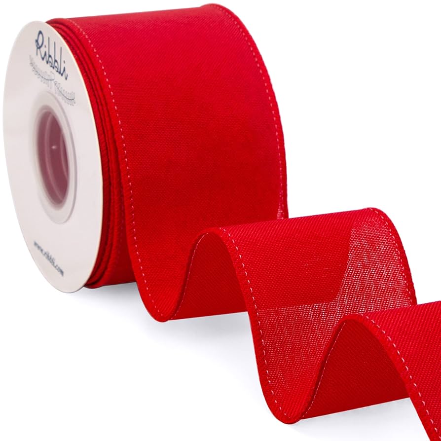 y❤︎ribbon Wired Ribbon * Faux Burlap with Gingham Edge * Beige, Red