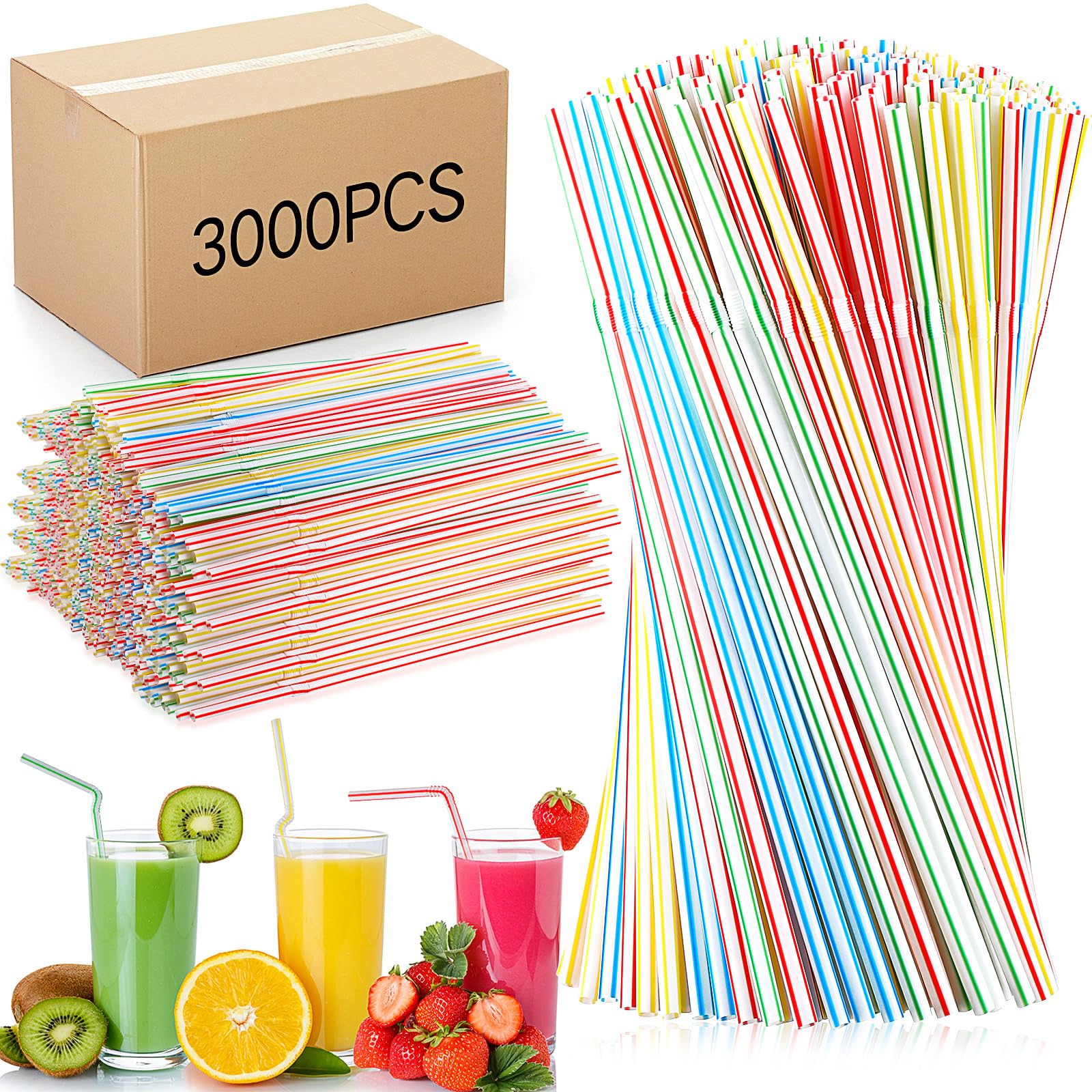 Eaasty 3000 Pcs Flexible Plastic Straws Bulk, Disposable Plastic Drinking Straws, Colorful Plastic Long Straws, Striped Flexible Drinking Straws, 8.27