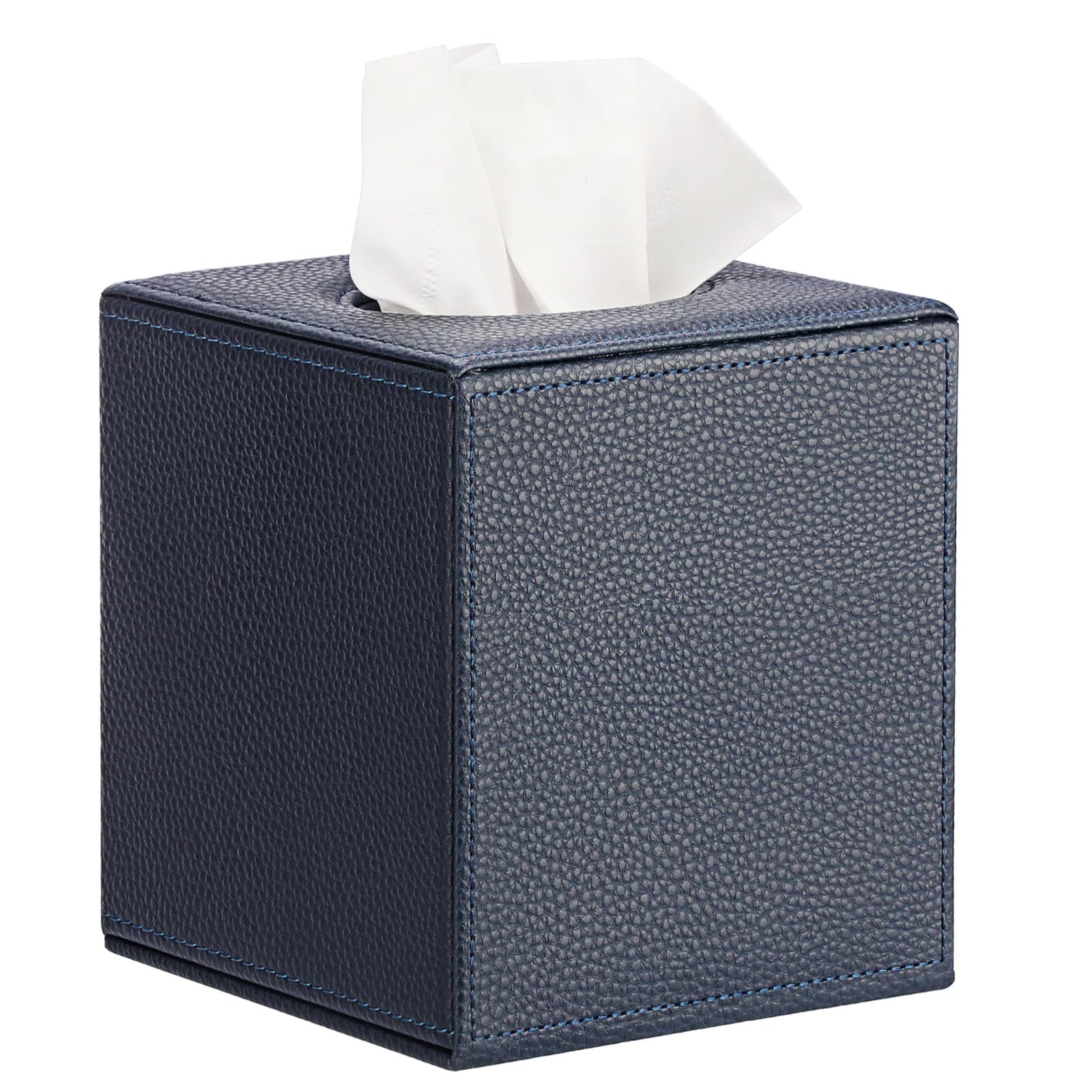 BTSKY PU Leather Cube Tissue Holder Box - Household/Office Square Tissue Box Cover, Textured Tissue Paper Box Case Napkin Holder, Navy Blue