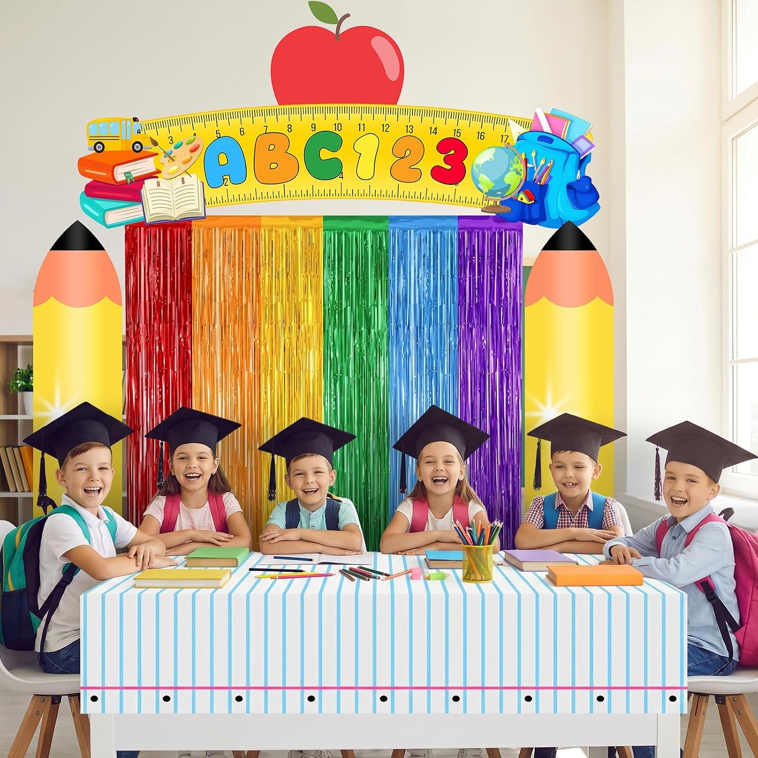 6 Pcs Back to School Door Porch Banner with Rainbow Foil Fringe Curtain First Day of School Classroom Decor ABC Pencil Photo Booth Backdrop Kindergarten Preschool Welcome Back to School Party Supplies