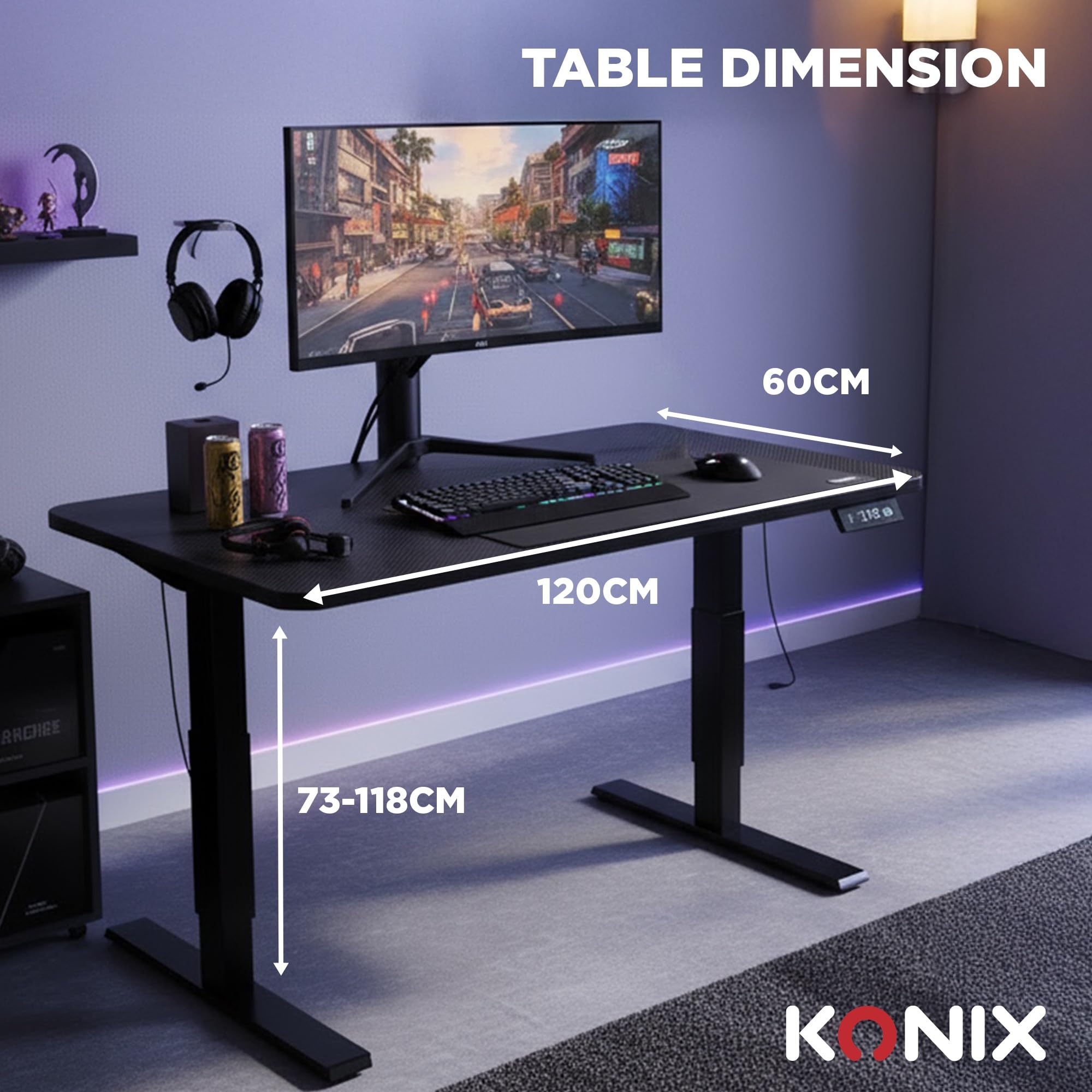Konix Gaming-Schreibtisch Elevate Steh-Sitz-Schreibtisch 120 x 60 x 73-118 cm T-förmig - 3 Höhenstufen - Tischgestell aus Metall - Schwarz
