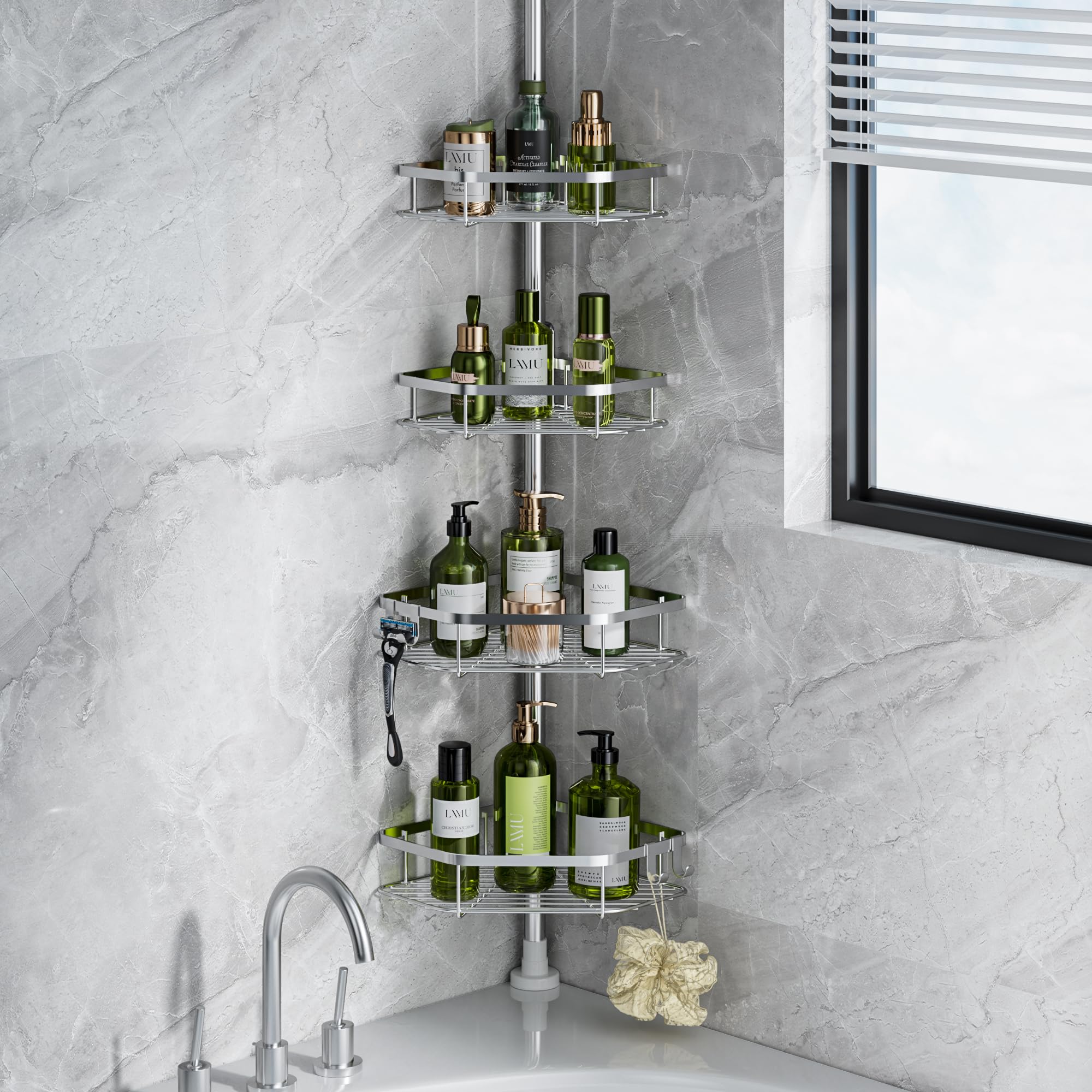 Photo 1 of LAMU Shower Caddy Corner Tension Pole, Stainless Steel Shower Organizer, Strong Spring, 5 Adhesive Pads, 2.4 in Non-Slip Grid Base, Adjustable 4-Tier Basket, 4 Hooks, Fits Heights 37.8-124 in, Silver
