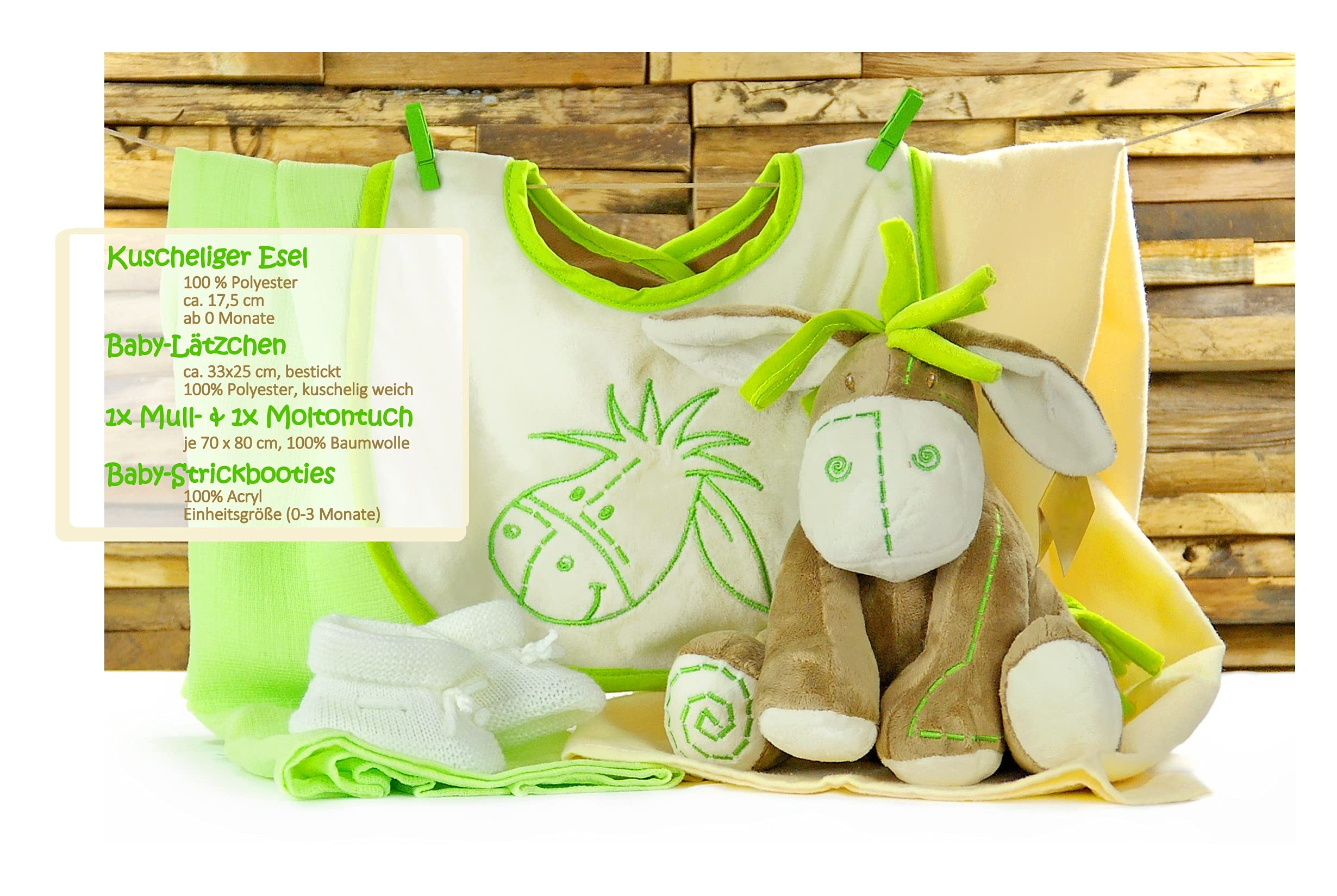 dubistda-WINDELTORTEN- Baby Geschenkbox zur Geburt mit kuscheligen Esel grün | 6-teilig