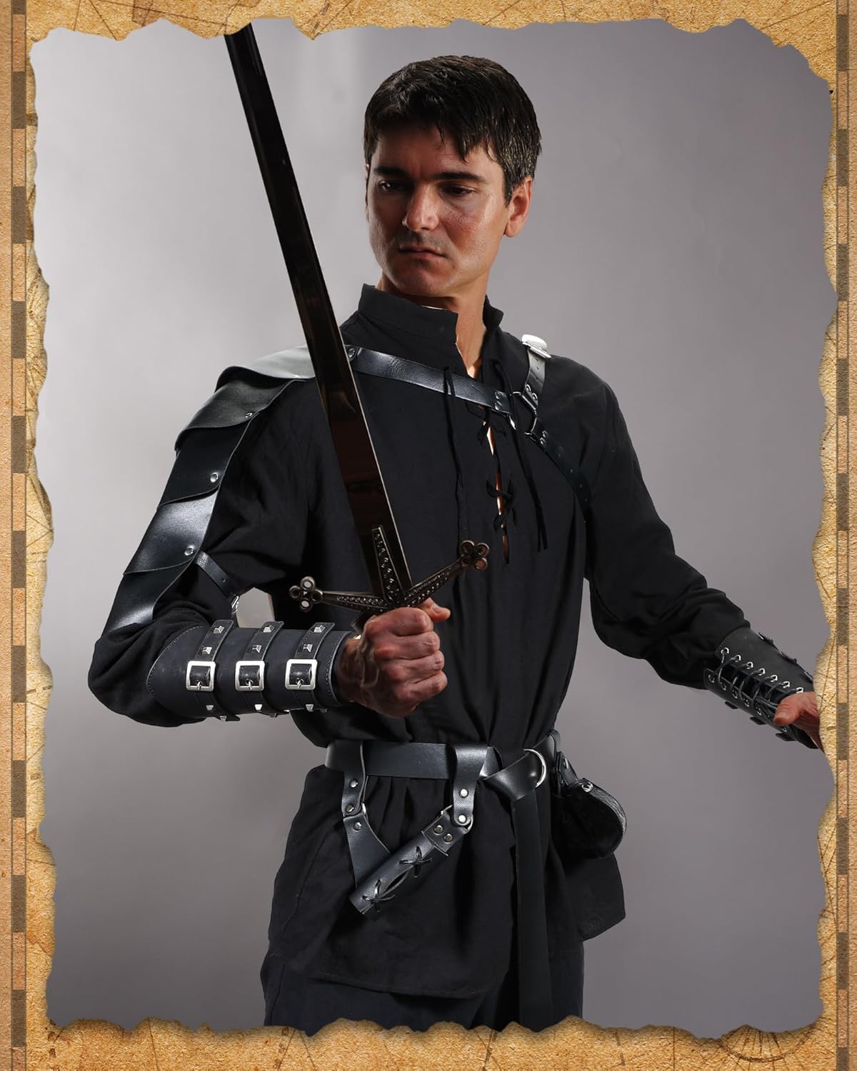 Panitay 8 Pcs Men's Renaissance Costume Set Halloween Medieval Viking Shirt Pant Belt Cape Bracer Sword Bag