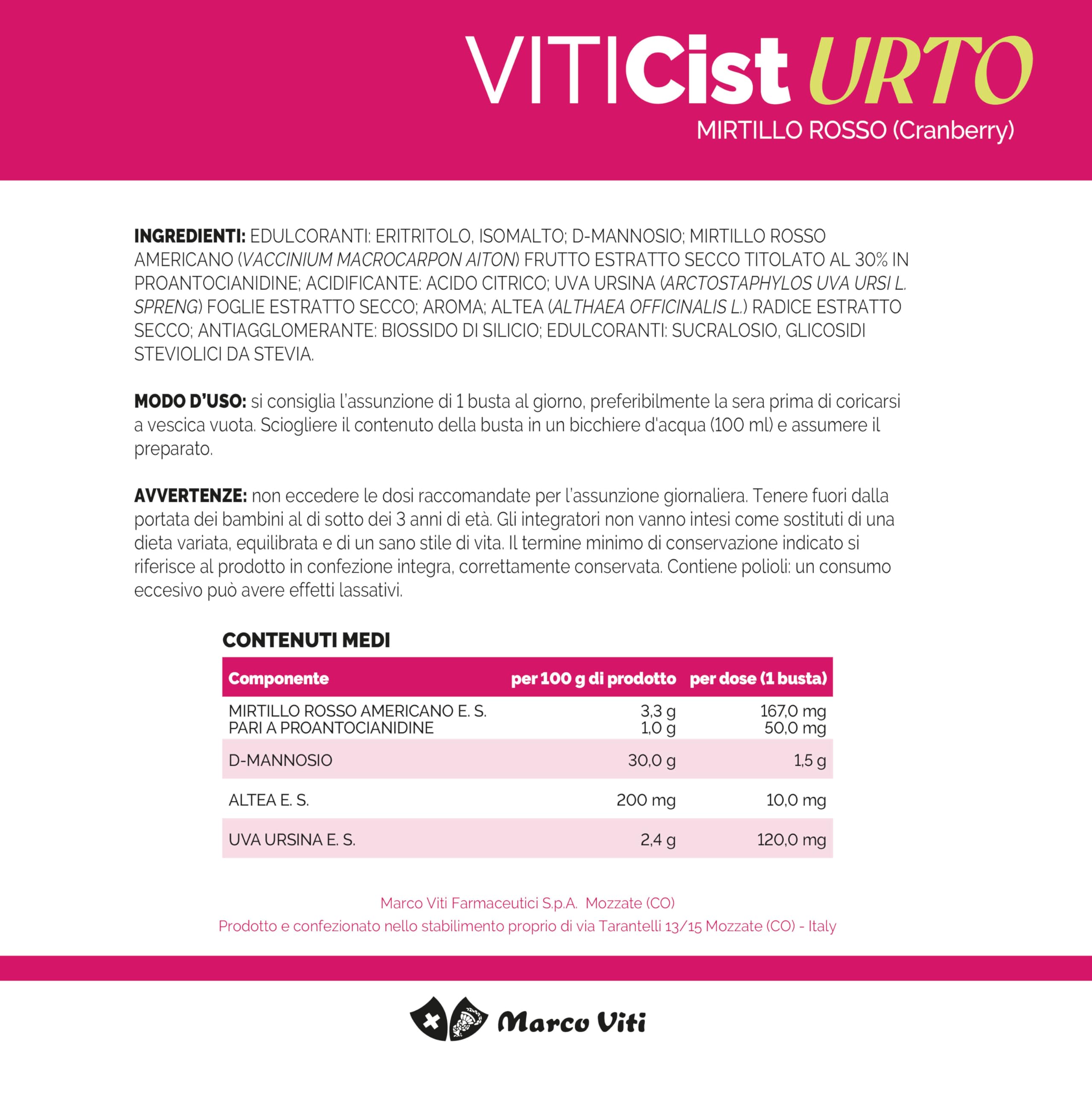 Marco Viti Viticist Urto, 10 Bustine da 3,5 g, Integratore con Cranberry, Uva Ursina, Altea e 1,5 g D-Mannosio, Supporto Vie Urinarie, Senza Glutine, Lattosio e Zuccheri