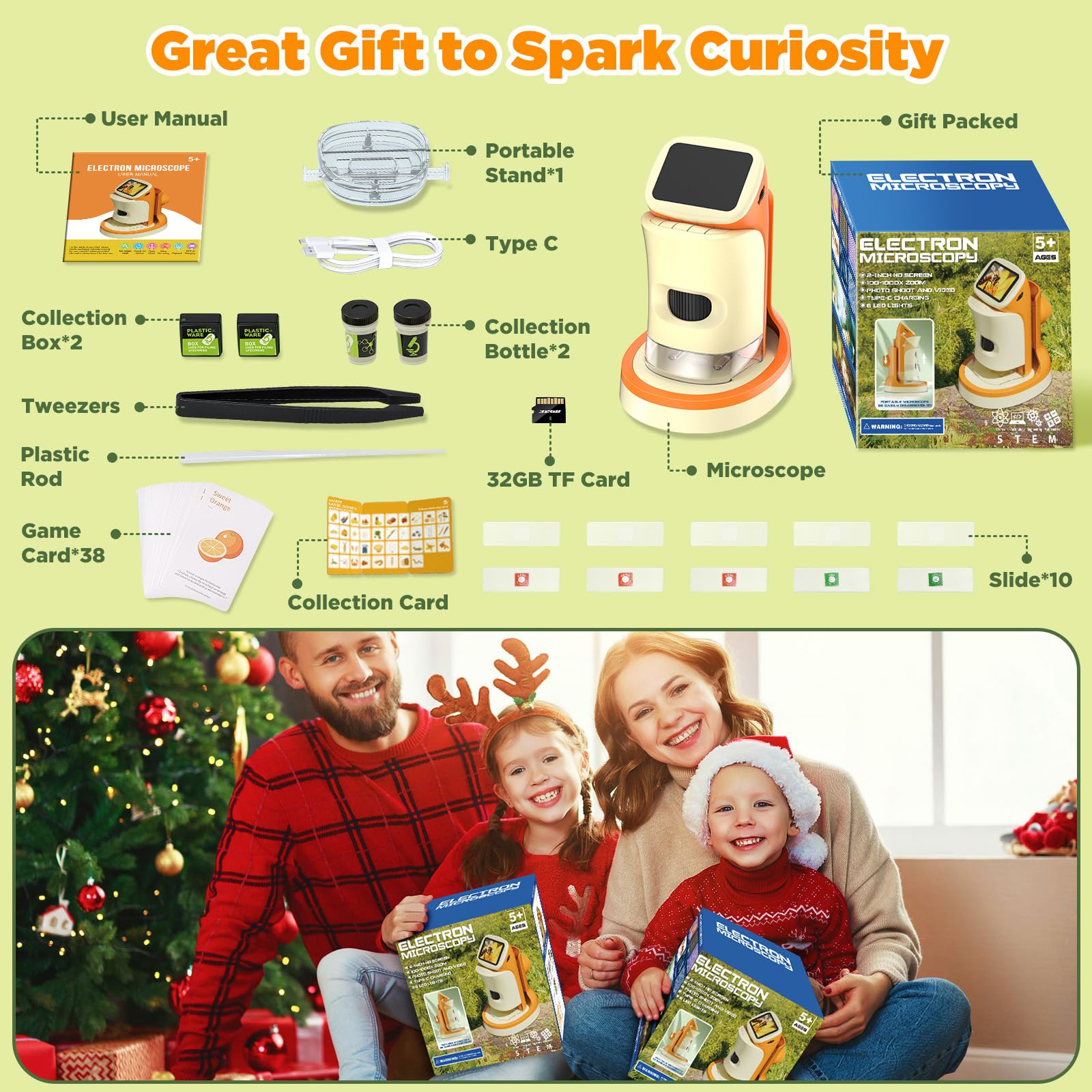 Microscopio para niños 2 en 1 de bolsillo portátil 1000X 2.0 pulgadas pantalla HD Microscopios digitales de mano con 10 diapositivas, foto/video, 6 LED ajustables, kit de ciencia Edu regalo para niños 8
