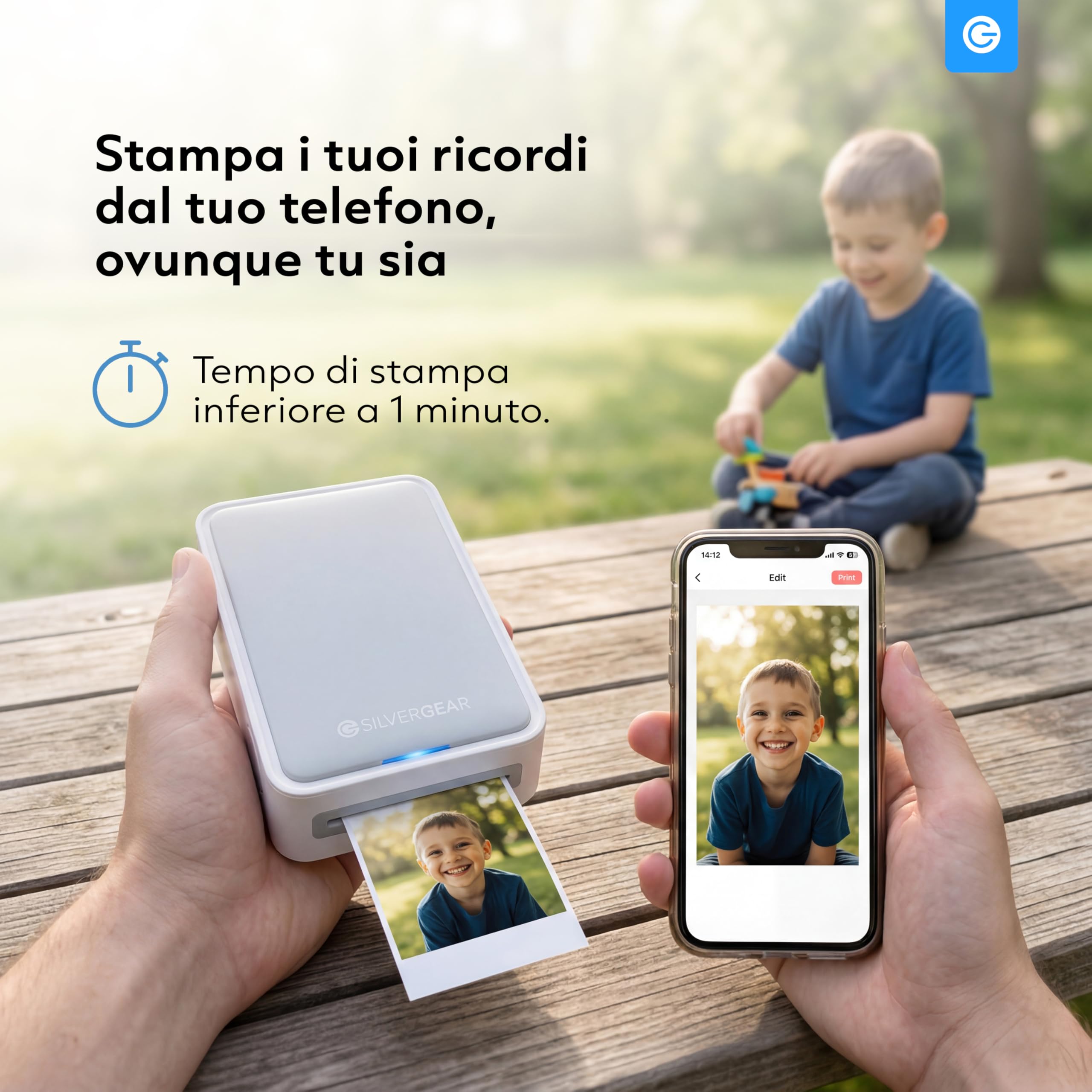 Silvergear® Stampante fotografica per smartphone, mini stampante Bluetooth con app, iOS e Android, stampante istantanea da 300 dpi, sublimazione a colori a 4 pass, matrimonio e journaling, con fogli