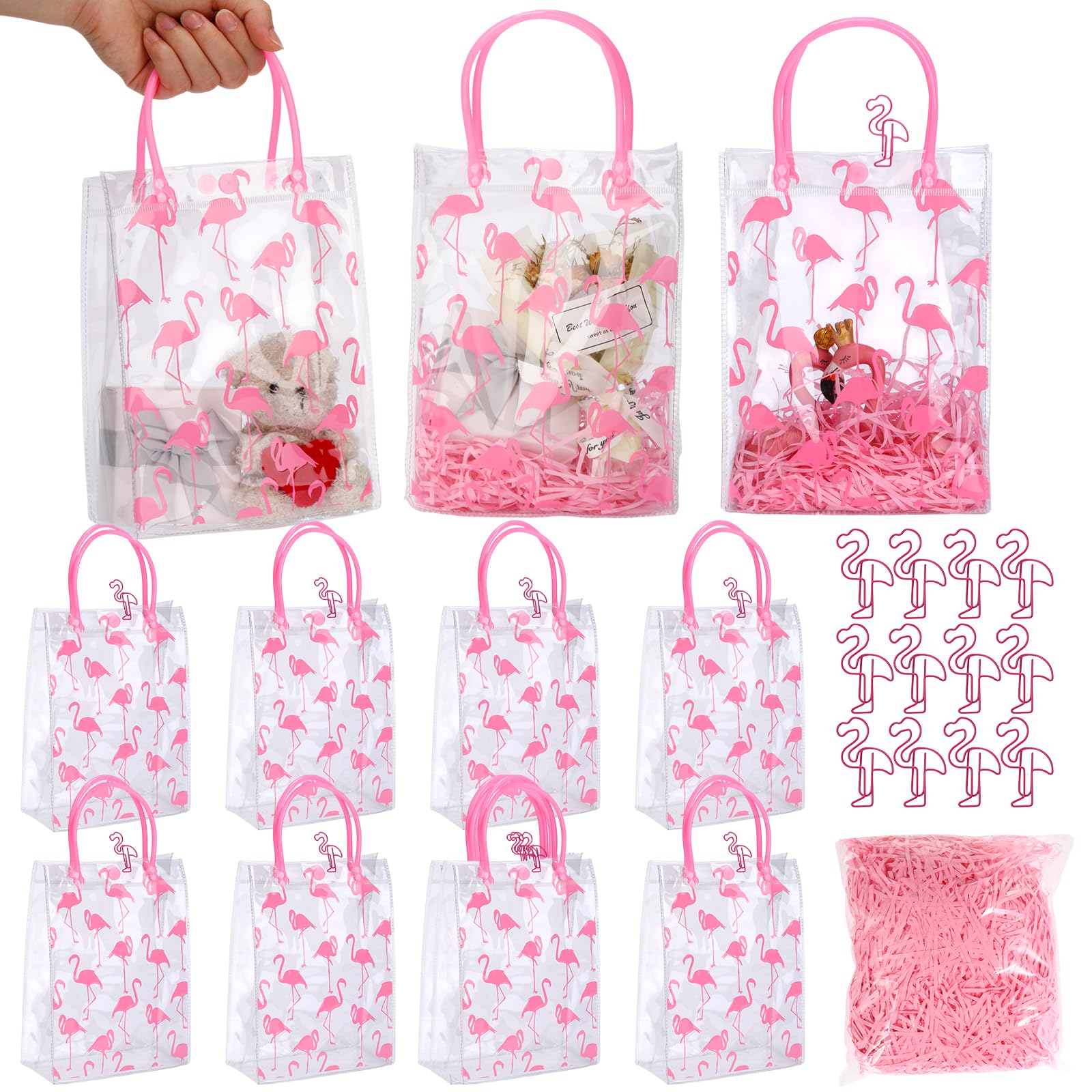 Sweetude 12 Pcs Flamingo Gift Bags with Handle Summer Pink Plastic Clear Party Favor Birthday Gift Bags Transparent PVC Wrap with Raffia Flamingo