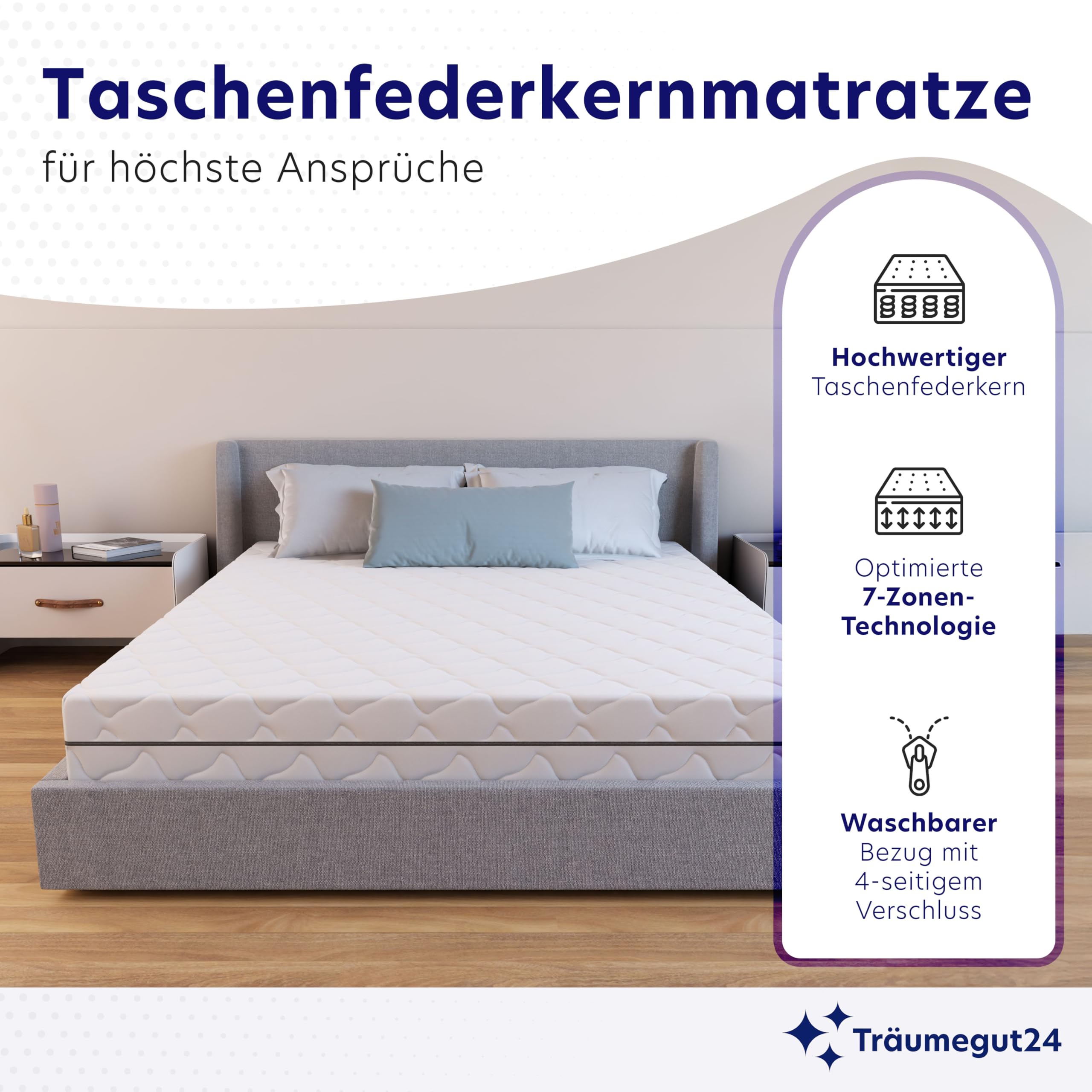Träumegut24 Taschenfederkern Matratze 120 x 200 cm | 21 cm Höhe | Größe + Härtegrad wählbar | 7-Zonen-System für ergonomisches Liegen | Oeko-TEX Zertifiziert | (120x200, H3)