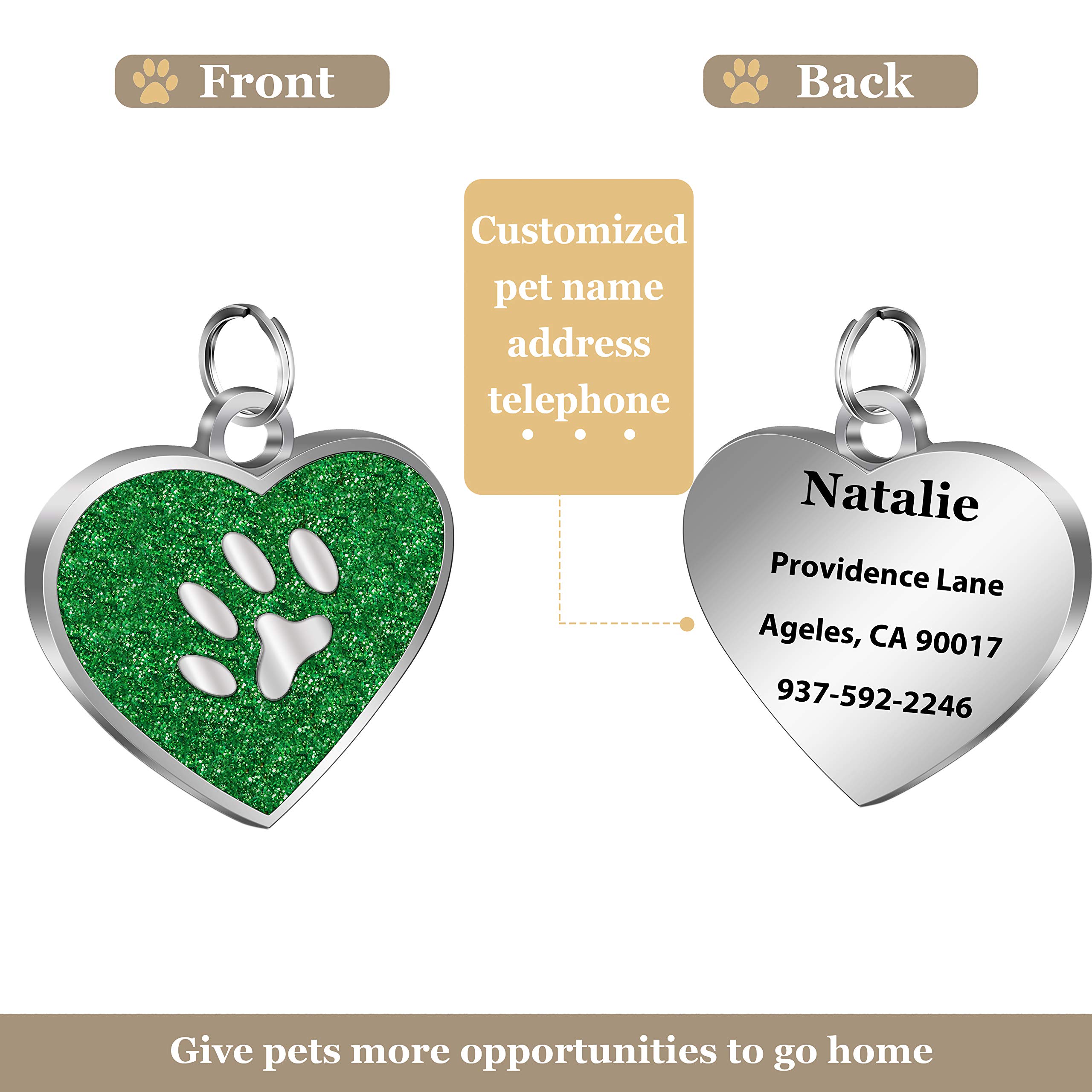 TedYoho Custom Engraved Heart Shape Dog Tags & Cat Tags Laser Engraving on The Back Side,Easy to Read & Durable (Green)